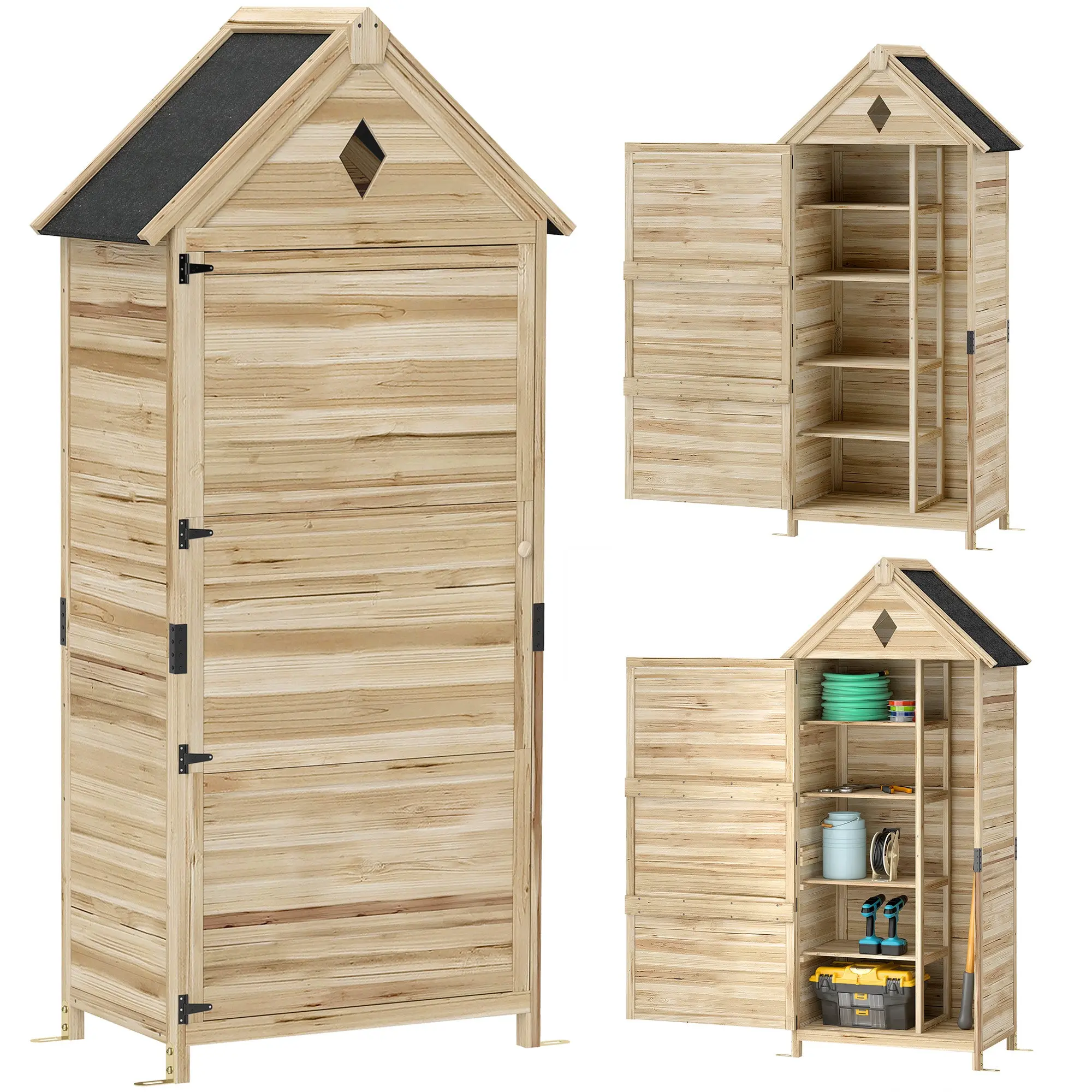 Wooden Garden Cabinet, Waterproof Tool Shed 80 x 49 x 170 cm, Weatherproof Tool House with Door, Gable Roof, Shelves, Tool Cabinet, Garden Shed for Garden, Lawn, Natural Wood