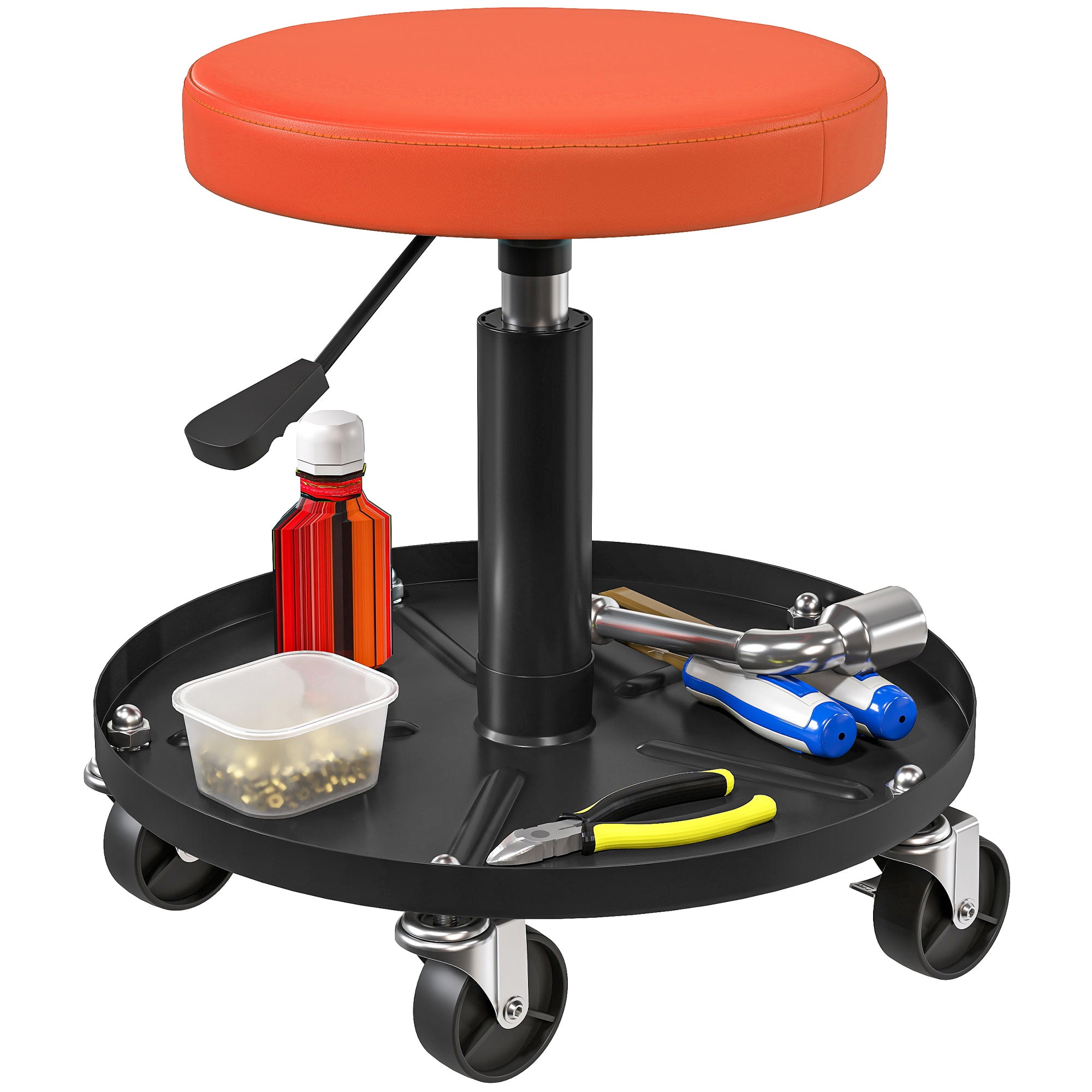 Workshop Stool with Wheels Storage space adjustable height 38-50cm Rolling stool up to 135 kg load-bearing swivel work stool rolling seat swivel stool ?38 cm workshop seat for workshop Orange