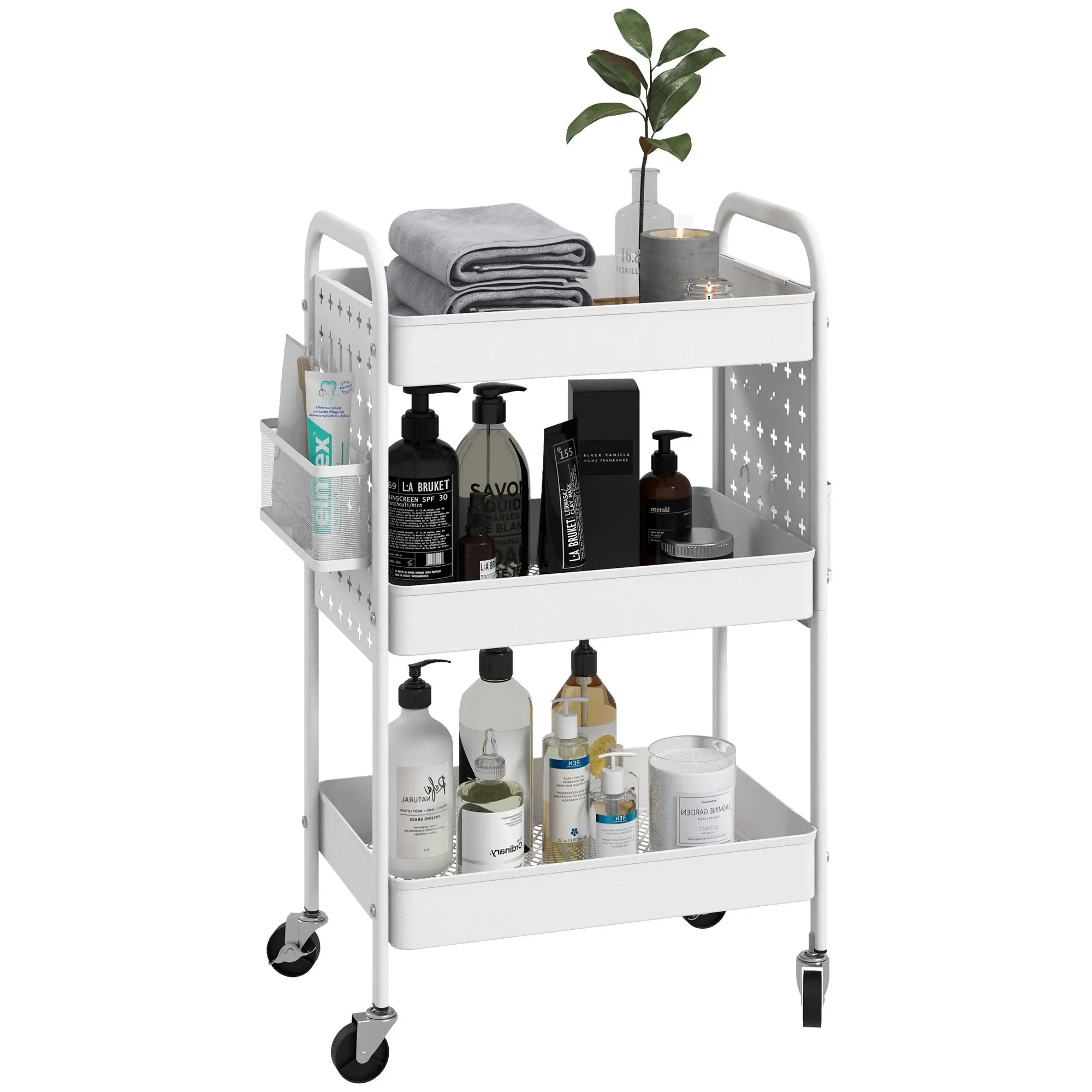 Trolley Cart, Utility Cart with 3 Tiers, 2 Hanging Baskets, Storage Cart with Handle, Kitchen Cart, Serving Cart for Kitchen, Living Room, Steel, White