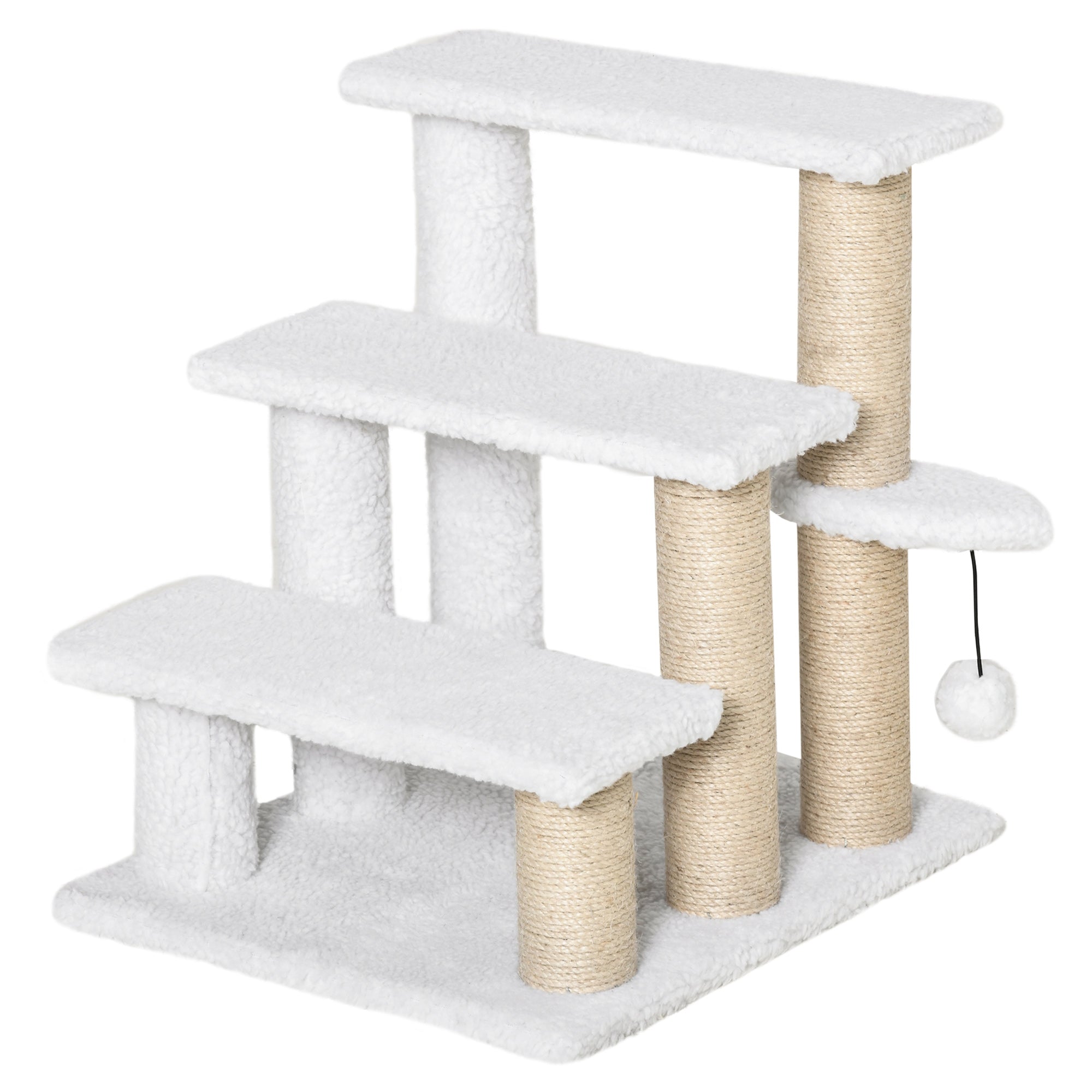PawHut Kočičí Schody 3 Krokové Schody pro Domácí Zvířata se Škrabadly, Hracím Míčkem, Schody pro Psy, Schody pro Kočky do 5 kg, Plyš-Bavlna, Bílá, 45 x 40 x 48 cm