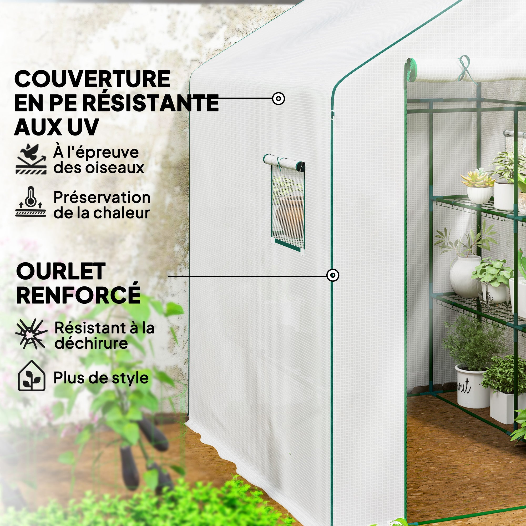 Garden Greenhouse with 3-Tier Shelves, Balcony Greenhouse, Reinforced 135 g/m? Cover, Steel Frame, Roll-Up Zipper Door, for Vegetables Plants Flowers, 140x143x190cm, White