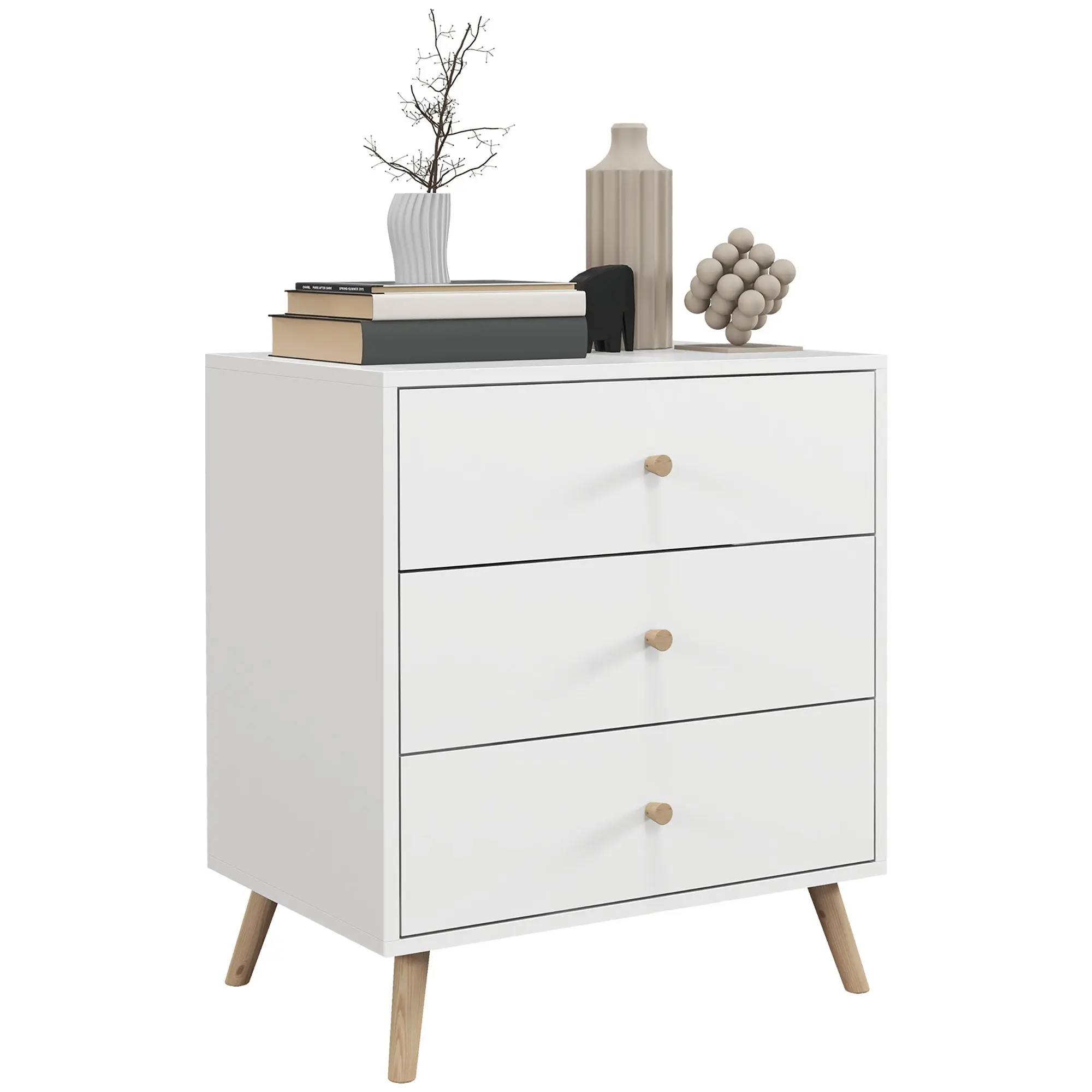 Scandinavian Design 3-Drawer Chest of Drawers White Handle Tapered Solid Pine Legs Storage Unit