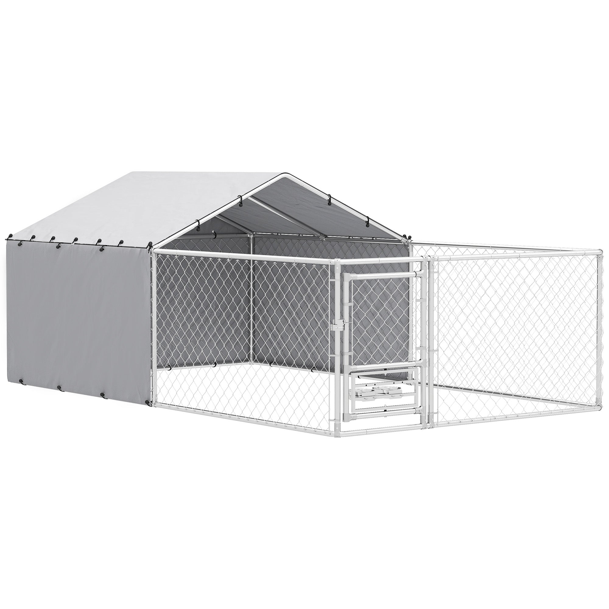 PawHut Kennel Hundeforhold med UV-bestandigt vandtæt tag og roterende skåle, hundekennelbur til mellemstore og store hunde med låsbar ståldør, 400x230x150 cm, Sølv