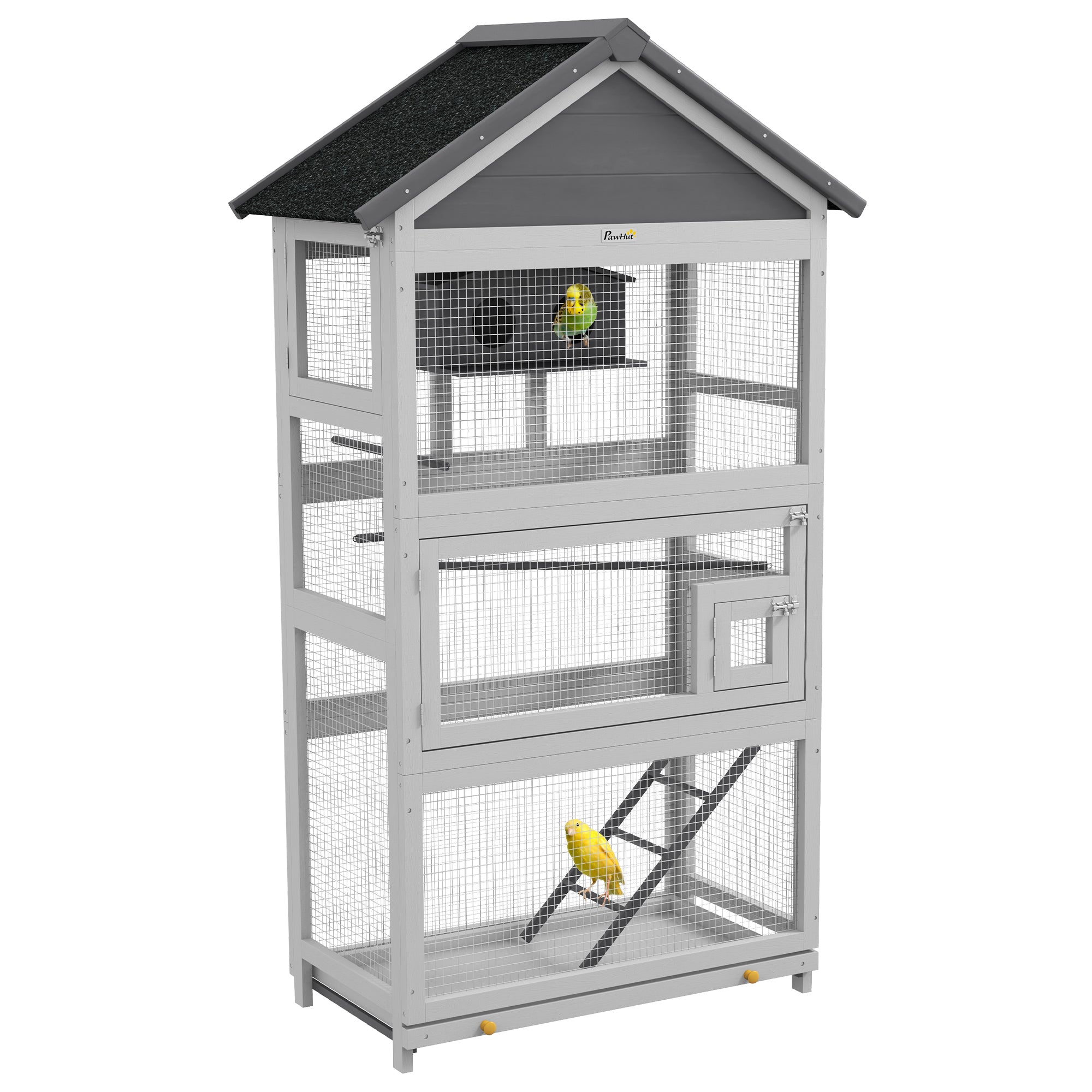 Wooden Bird Cage, Parrot Cage, Bird Aviary Outdoor Playground, Waterproof Asphalt Roof, for Budgie, Cockatiel, Conure, Canaries, 92 x 52 x 171 cm, Gray