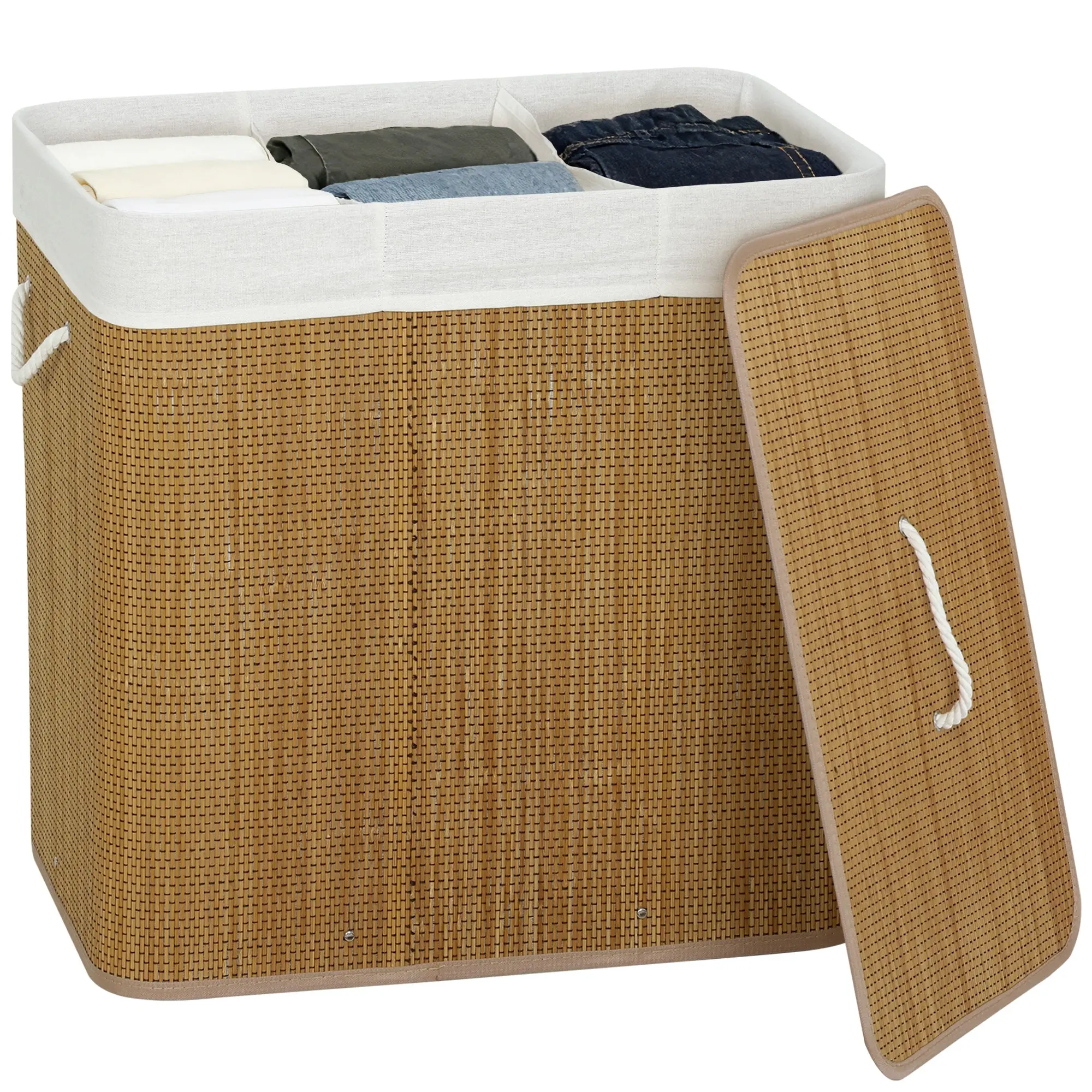 Bamboo Laundry Hamper with Lid, 144L, 3-Compartment Laundry Basket with Removable Washable Liners and Handles, for Laundry Room or Bedroom, 60 x 40 x 60 cm, Brown