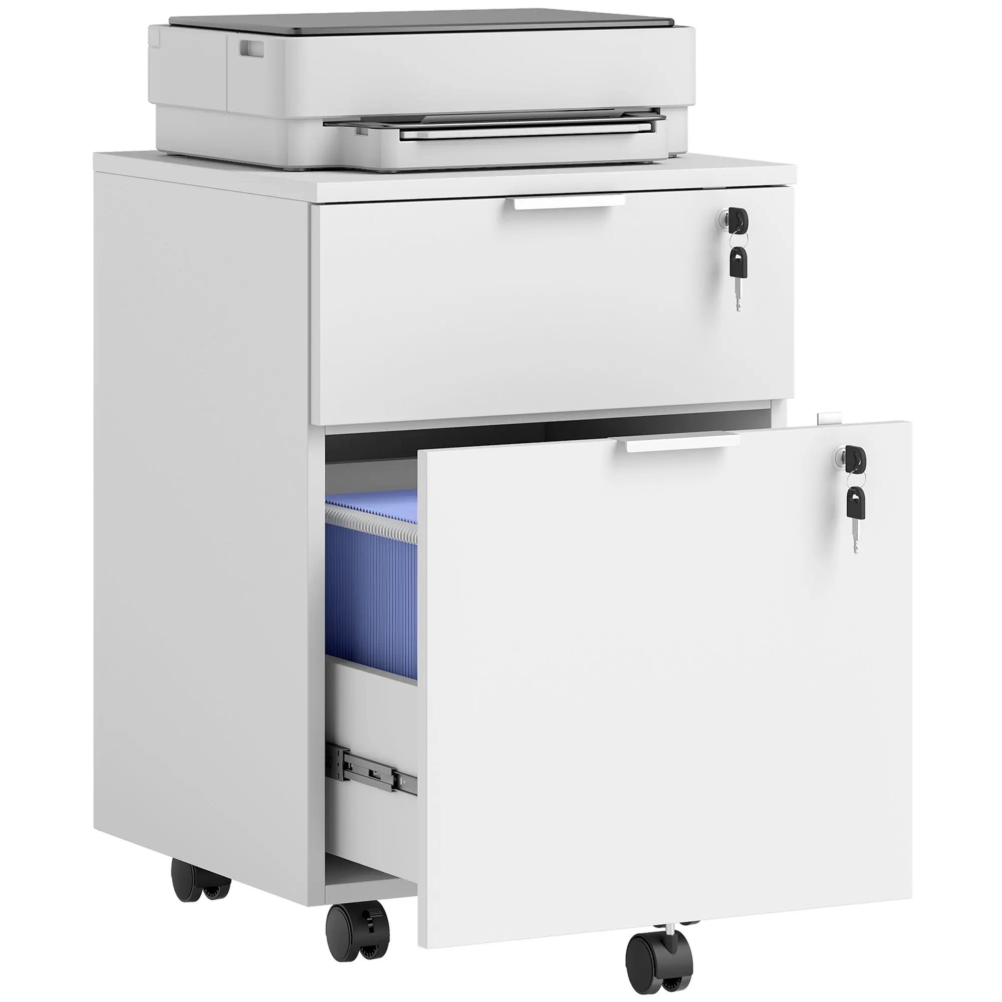 2-Drawer Office Cabinet with Hanging File Rails, Lockable with 2 Keys, on Casters, White (16.5 x 15.7 x 23.6 in)