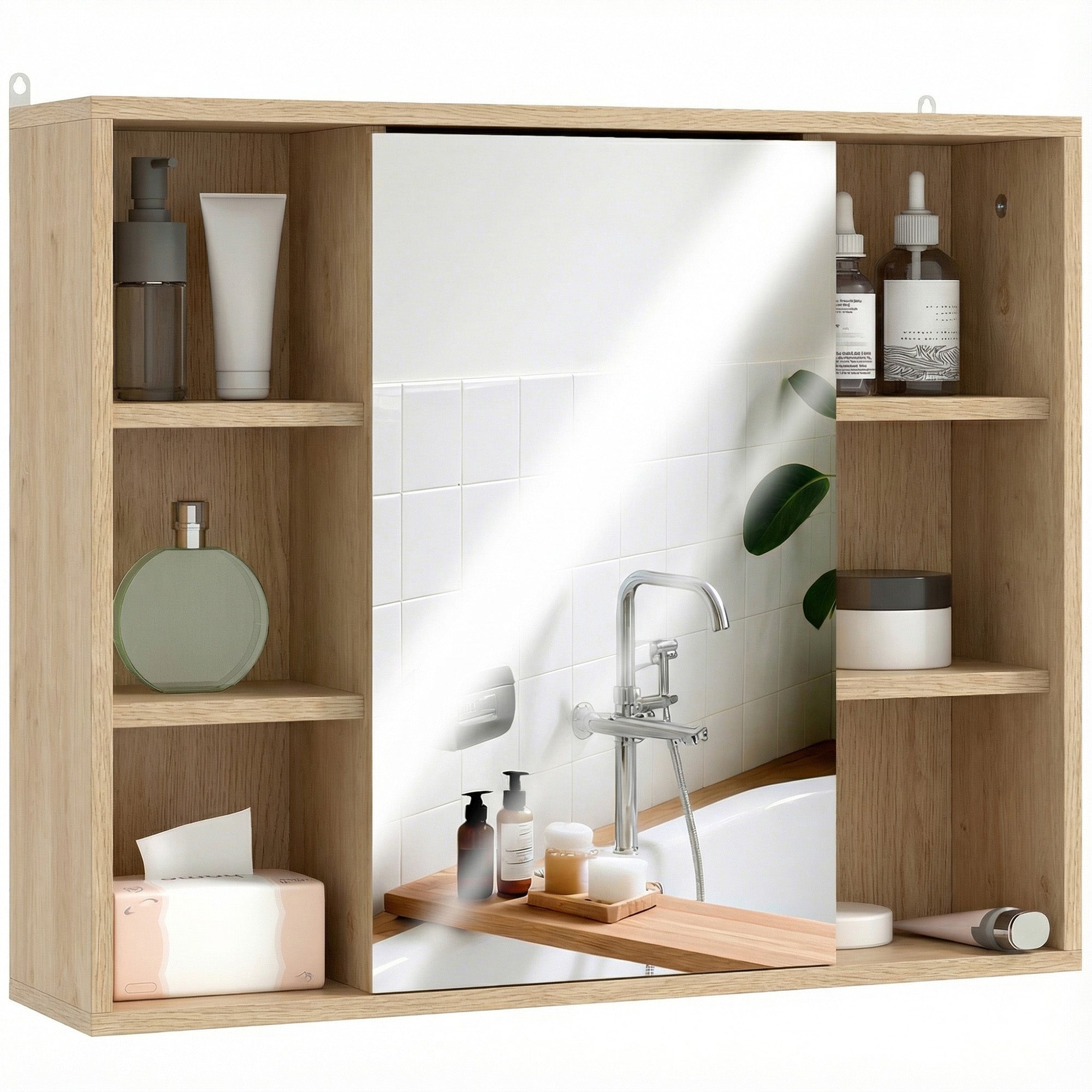 Wall-Mounted Bathroom Cabinet with Mirror — 6 Open Shelves & Mirrored Door, Natural Wood, 23.6 x 5.7 x 19.4 in
