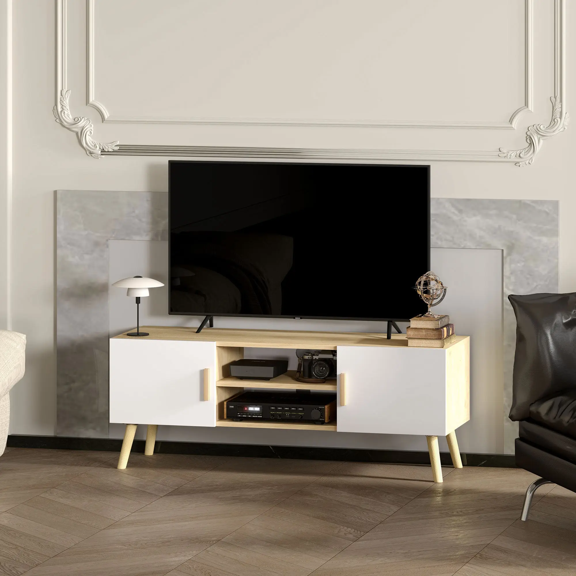 TV Stand Wooden TV Cabinet for up to 50 Inches TV with Shelves, 2 Cabinets, and Cable Management for Living Room, Bedroom, 110 x 36.2 x 42 cm, Oak