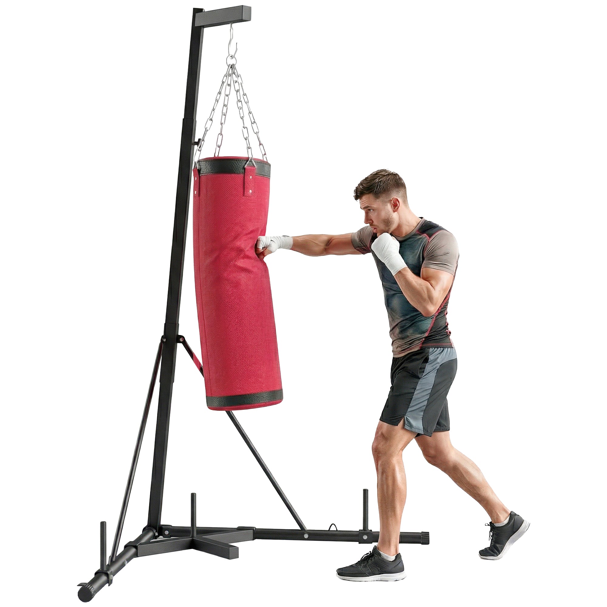 SPORTNOW Boxsack mit Gestell für Erwachsene, höhenverstellbar 185–231 cm, dreieckige Basis, Segeltuchsack, Gewichtsposten für Ø 2,5 cm Scheiben, Heim-Fitness, Rot