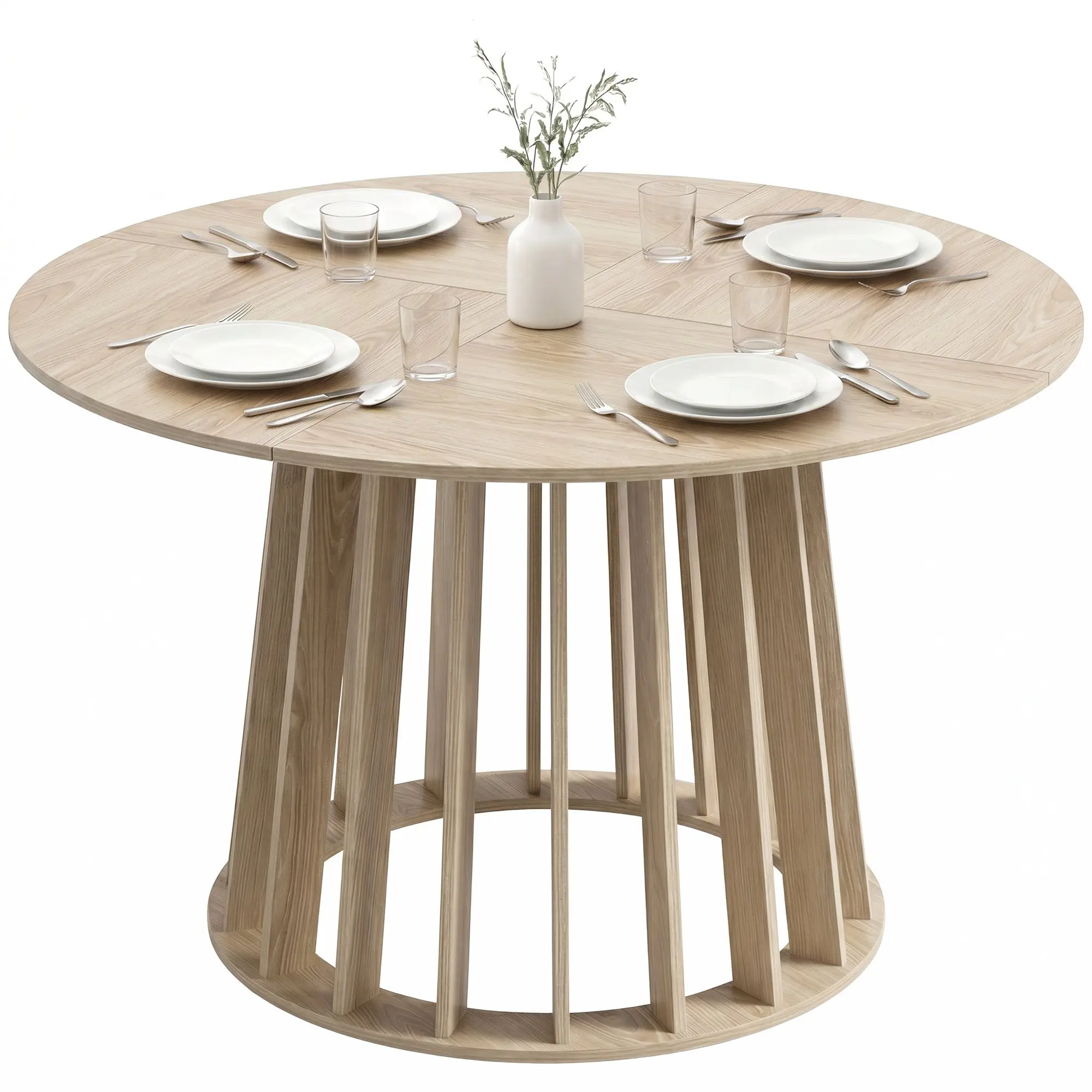 Round Dining Table for 4–6, 120 cm (47.2 in) Diameter x 75 cm (29.5 in) H – Slatted Pedestal, Modern Natural Wood Finish