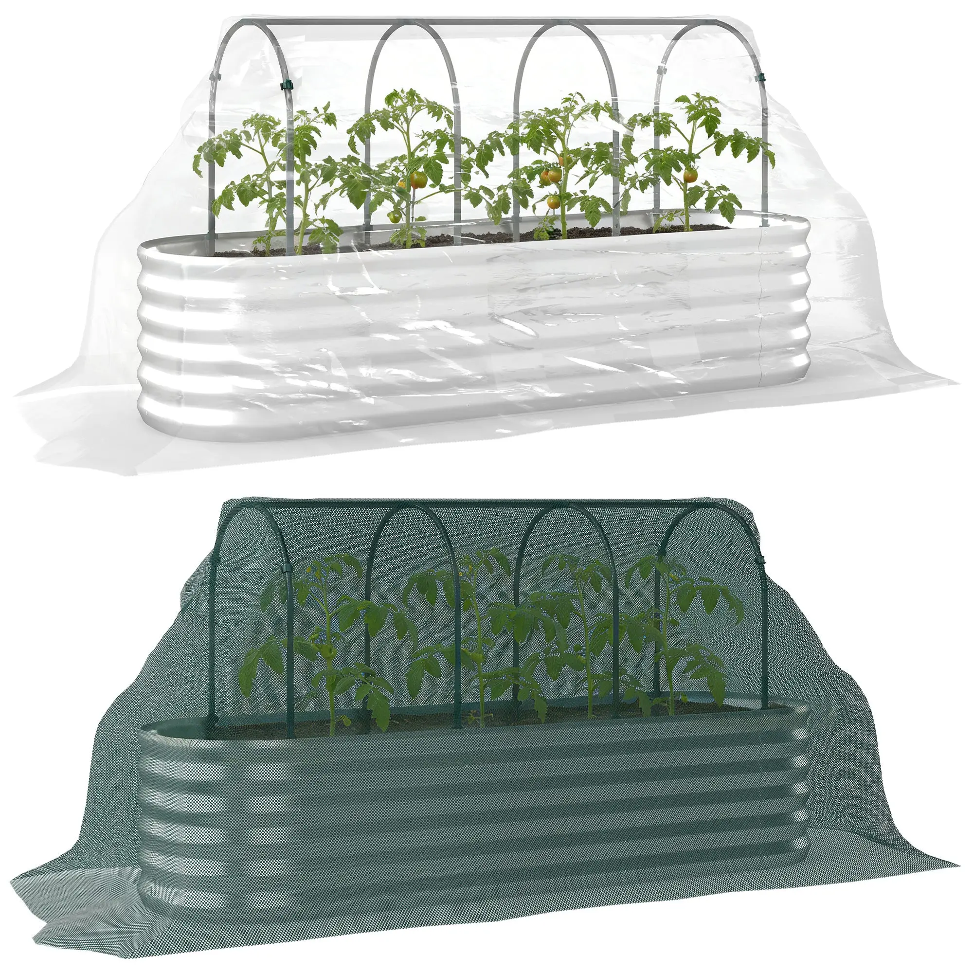 Large Outdoor Planter with Greenhouse Cover & Mesh — Galvanized Steel Open-Bottom Urban Raised Bed, Weather-Resistant, 200×60×103 cm (78.7×23.6×40.6 in), Silver