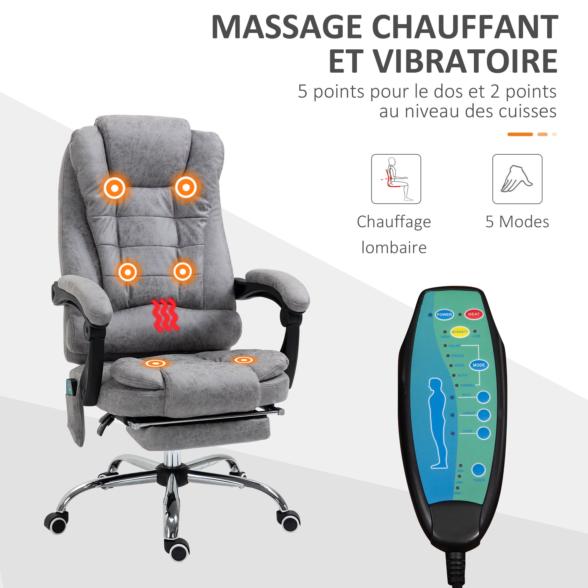 Massaging Heating Office Chair Ergonomic Adjustable Height Reclining Backrest Microfiber Fabric Grey
