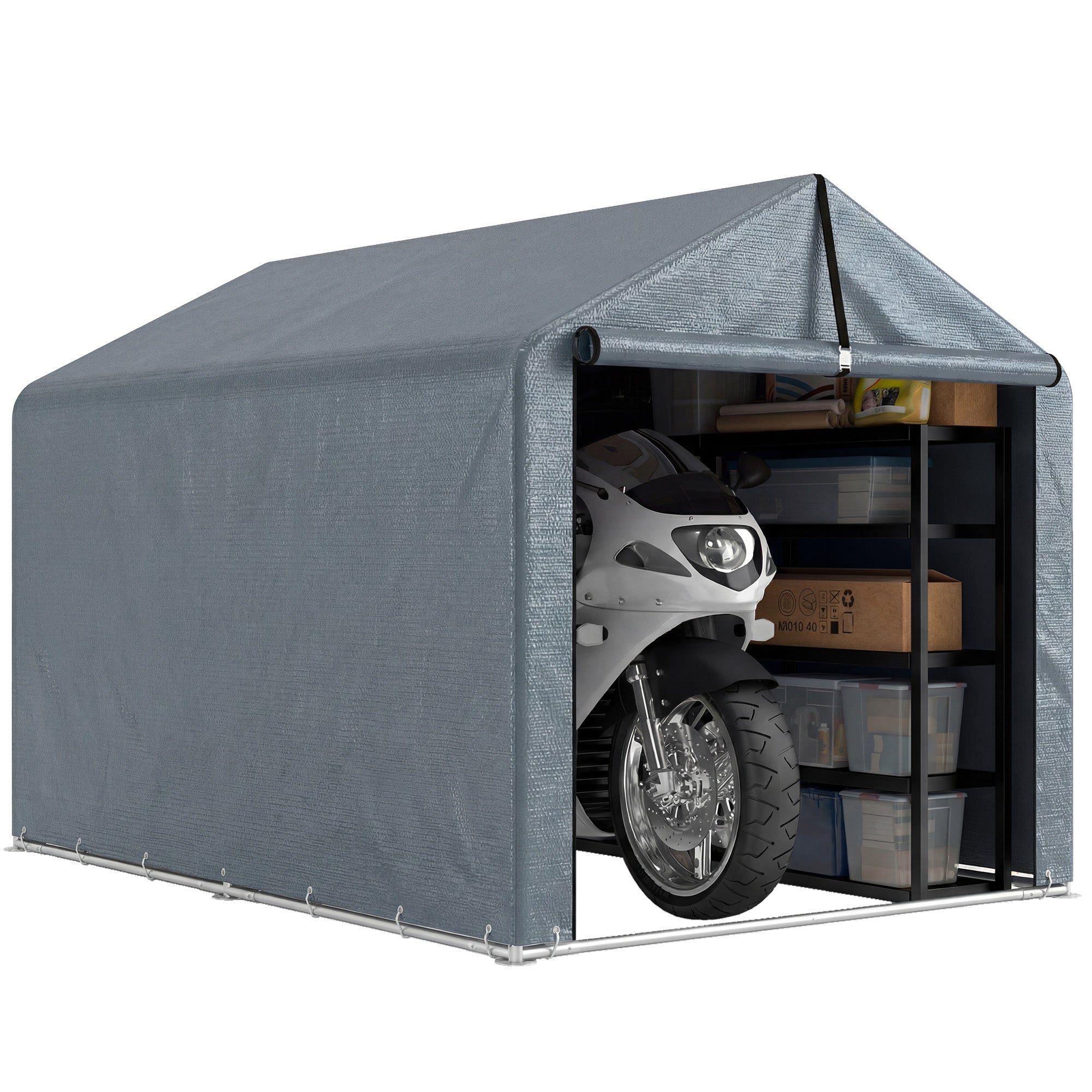 7.2 x 5.2 ft Waterproof Storage Tent with Roll-Up Zipper Door, Gable Roof Steel Frame, UV-Resistant — Dark Gray