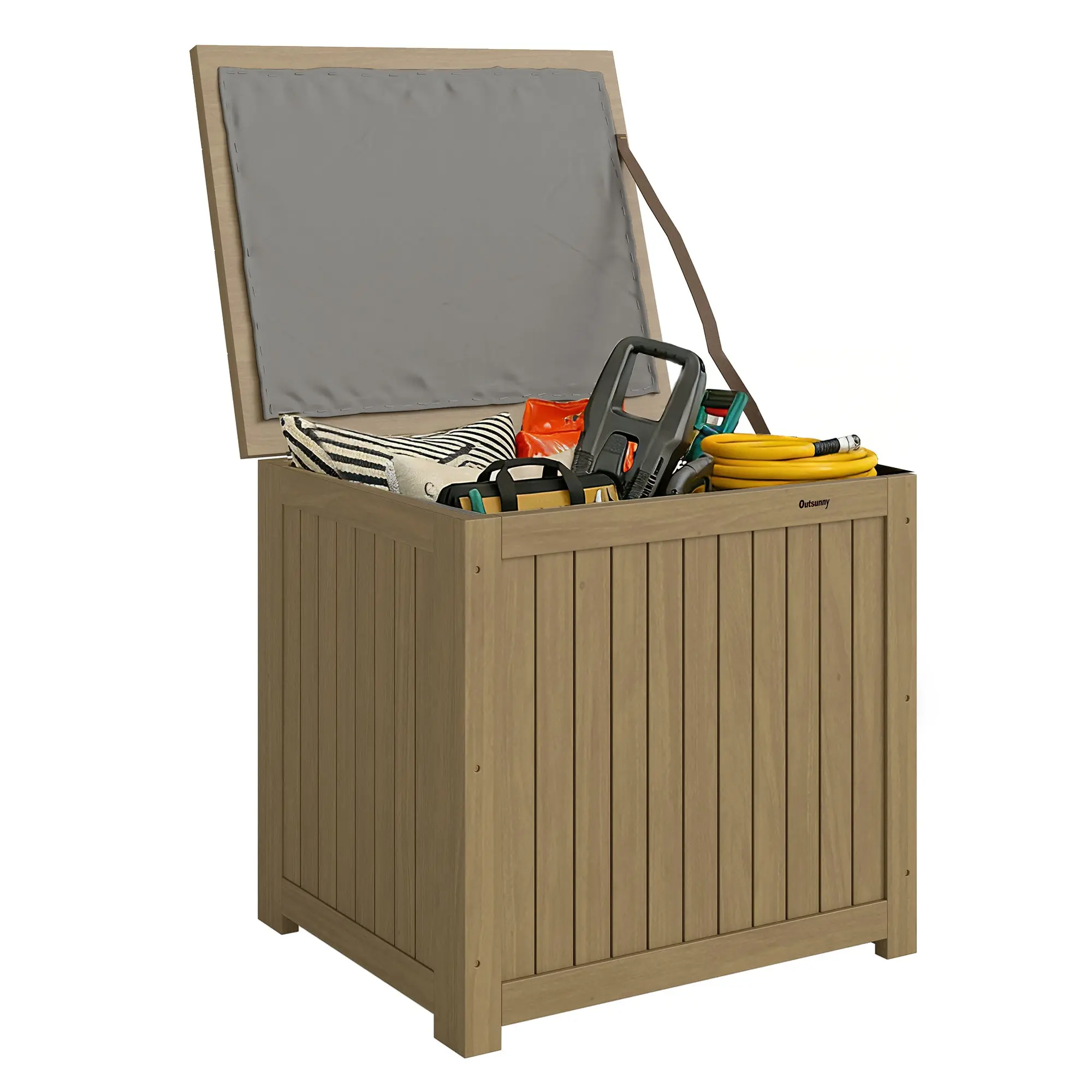 Outdoor Fir Wood Storage Chest, 130 L — Lined Exterior Storage Trunk with Hinged Lid & Strap, Waterproof, Weather-Resistant for Garden, Terrace, Patio — 63×51×58.5 cm (24.8×20.1×23 in), Brown