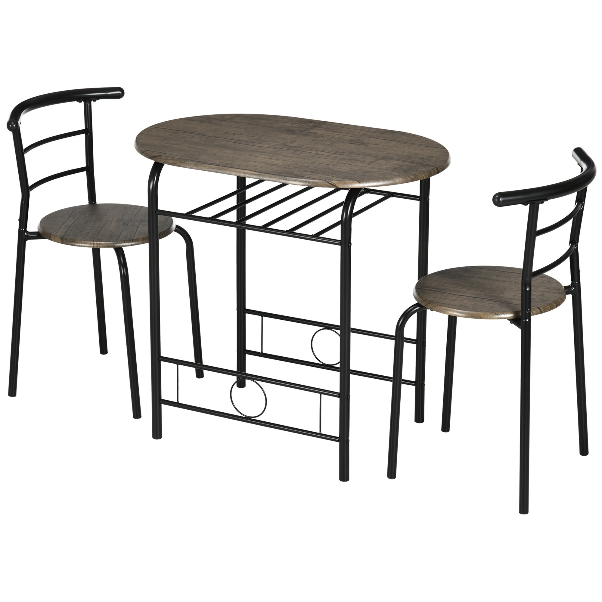 HOMCOM Esstisch Set, Esstisch mit 2 Stühlen, Esstisch Gruppe für 2 Personen, Ovaler Küchentisch mit Ablage, Küchentisch Set, Tischgruppe für die Küche, Metall, Schwarz