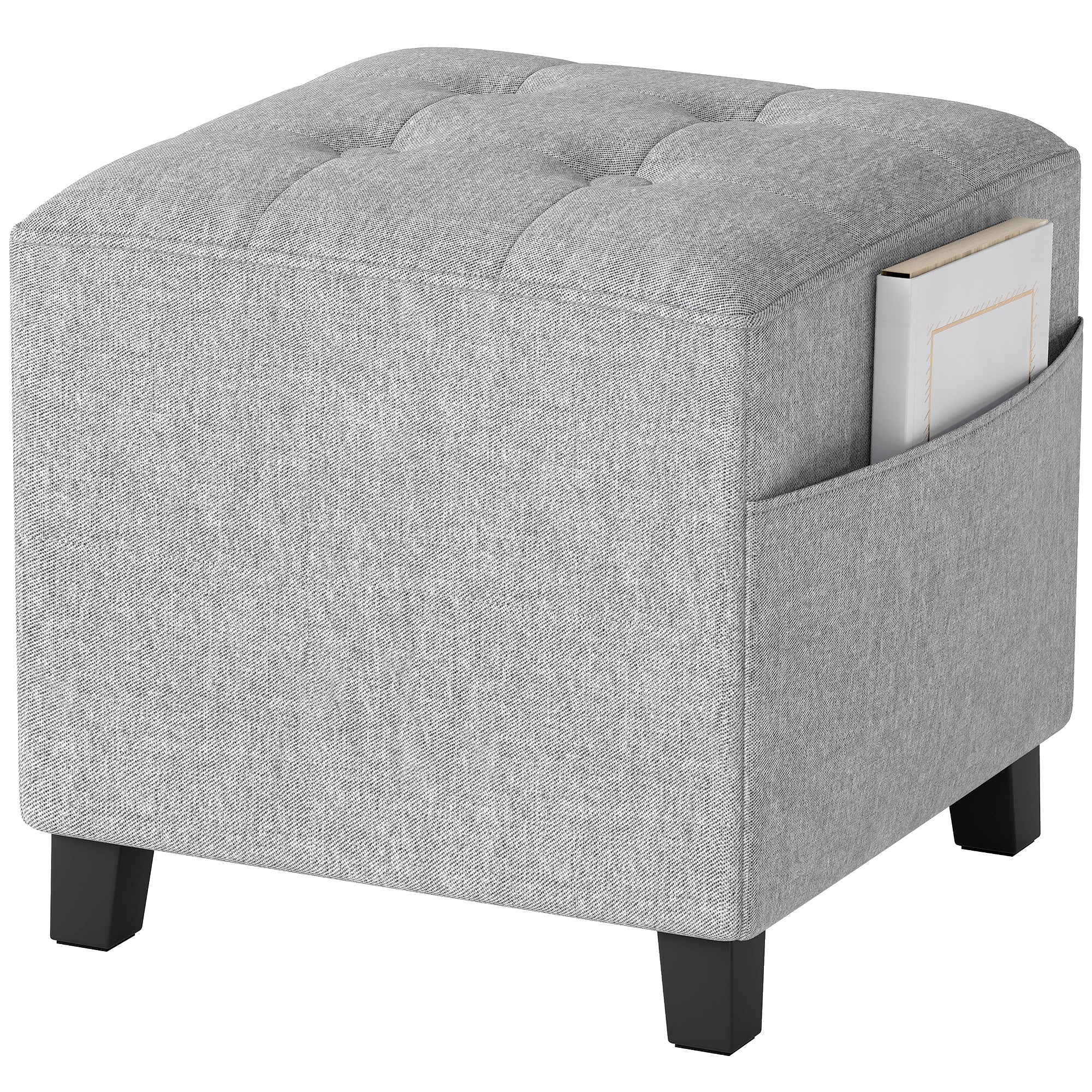 HOMCOM Pouf carré avec poche latérale, assise rembourrée, pieds en bois d'hévéa, tissu aspect lin, 35 cm, gris clair