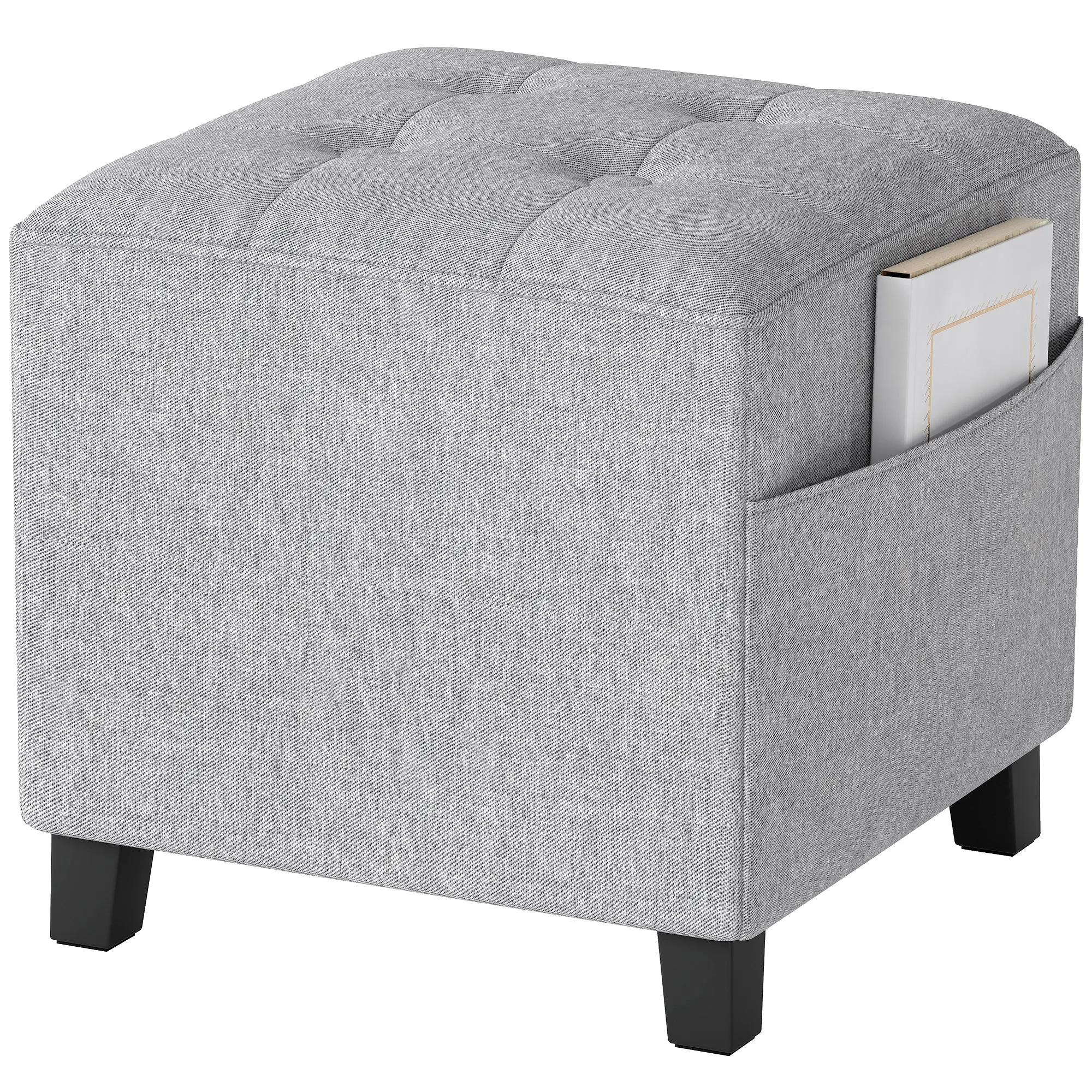 Square Ottoman with Side Pocket, Padded Seat, Rubberwood Legs, Linen-Look Fabric, 13.8 in, Light Gray