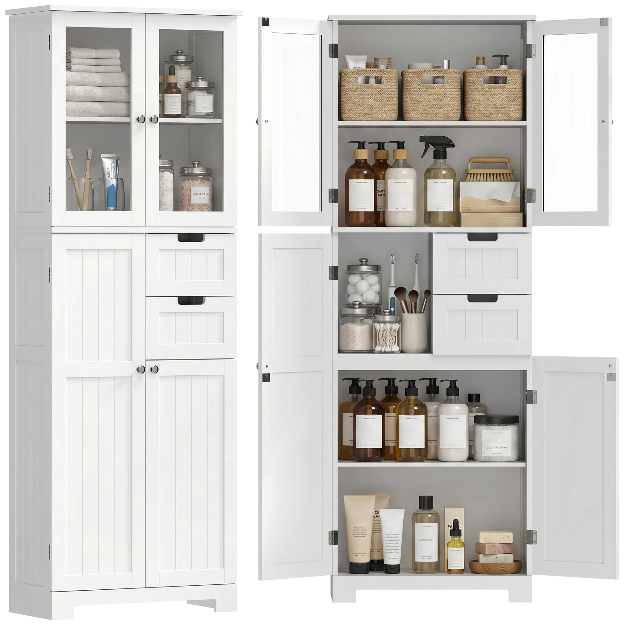 Tall Bathroom Cabinet — 4 Doors (2 Glass), 2 Drawers, Adjustable Shelves, Modern White, 23.6 x 11.8 x 66.9 in