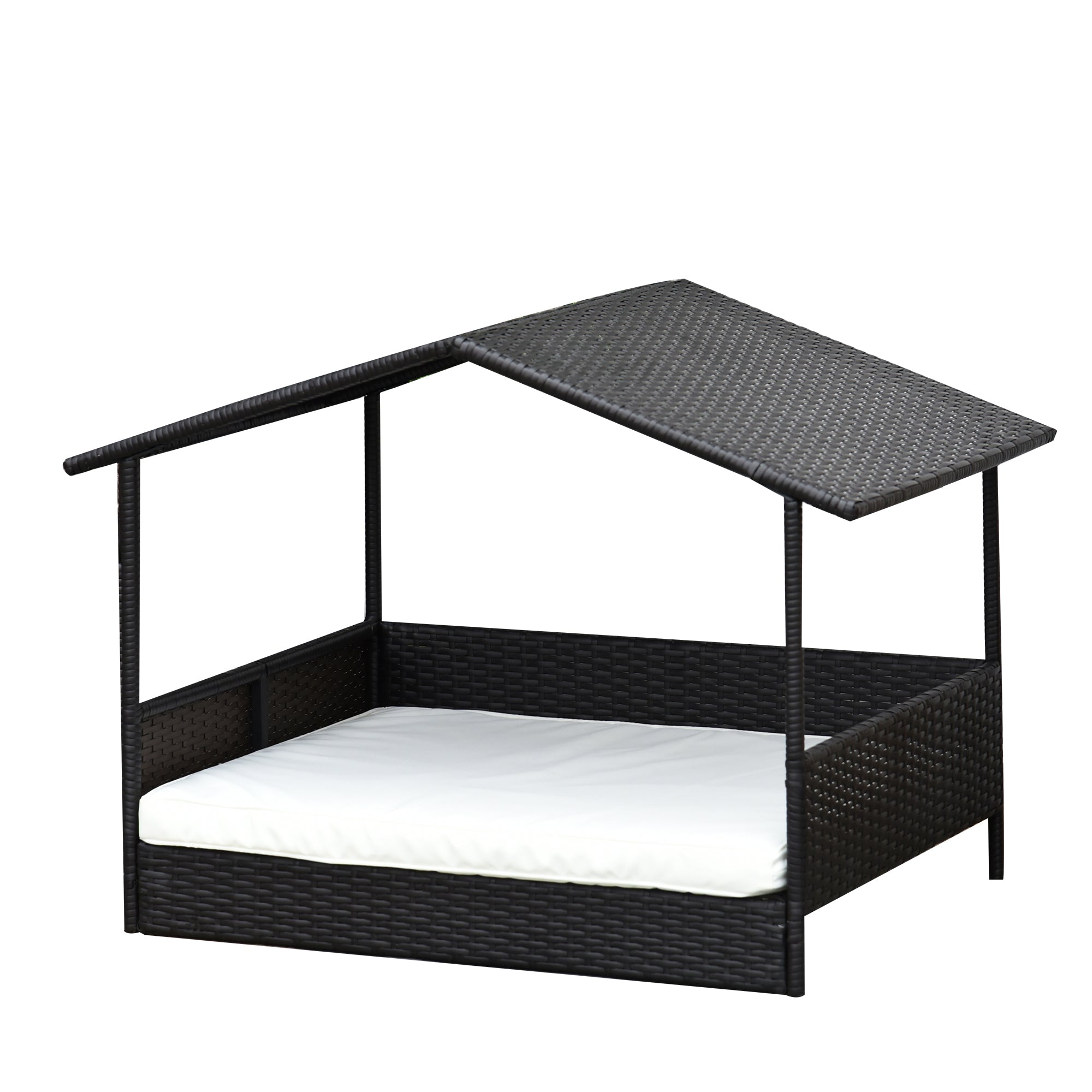 PawHut Rattan Hundelounge im Freien mit Dach, Erhöhtes Hundebett für kleine und mittelgroße Hunde, Kühlende Haustierlounge mit Metallrahmen, Haustierbett für den Außenbereich, 69 x 98 x 70 cm, Kaffee-