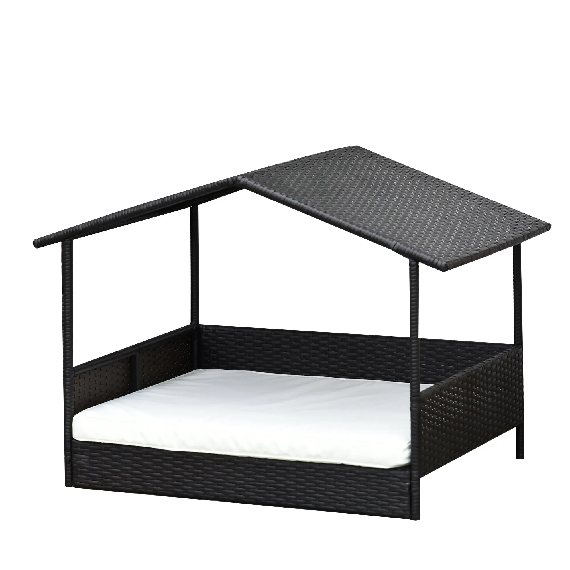 Rattan Dog Lounge Outdoor with Roof, Raised Dog Bed for Small and Medium Dogs, Cooling Pet Lounge with Metal Frame, Pet Bed for Outdoors, 69 x 98 x 70 cm, Coffee-Brown