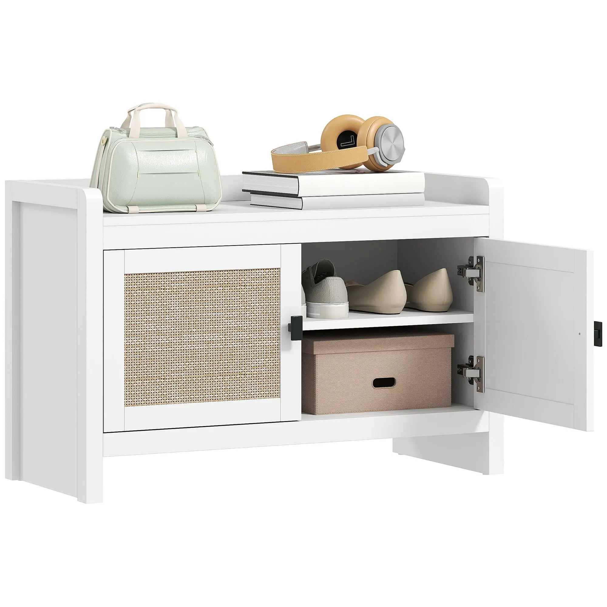 Bohemian Shoe Bench Shoe Storage Bench with Rattan Front Doors Removable Shelf for 8 Pairs of Shoes for Entryway Bedroom 31.5x13.78x20.47 inches White