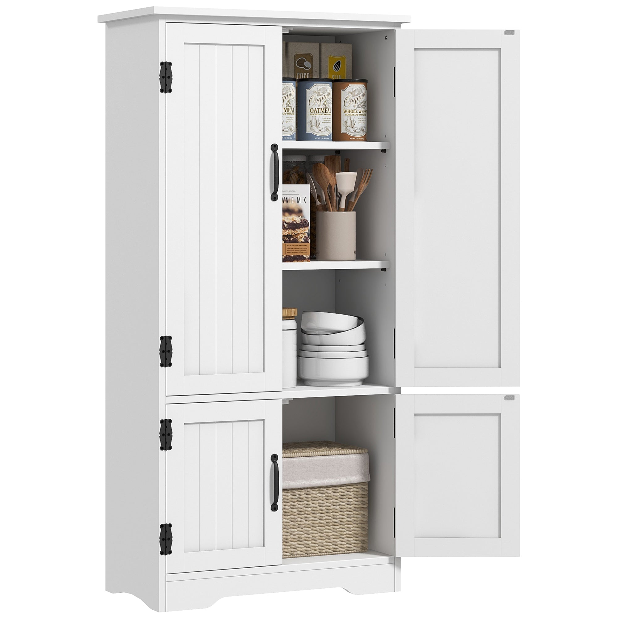 HOMCOM Køkken Pantry Høj Skabskab med 4 Døre og Justerbare Hylder til Stue Badeværelse 60x30x123 cm Hvid