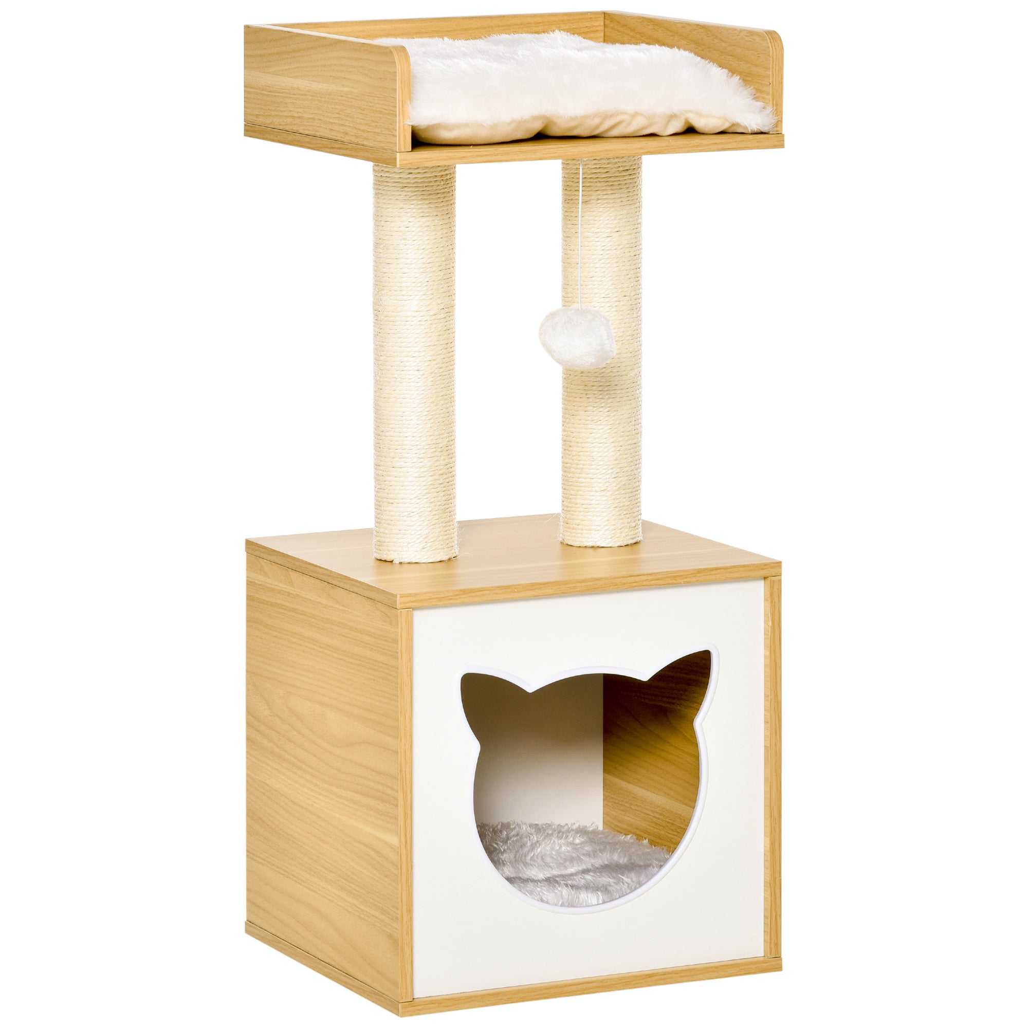 Pawhut Katzenhöhle mit 2 weichen Kissen, Katzenbaum mit Katzenbett, Spielball und Katzenhaus, Sisal Natur 35 x 35 x 81 cm