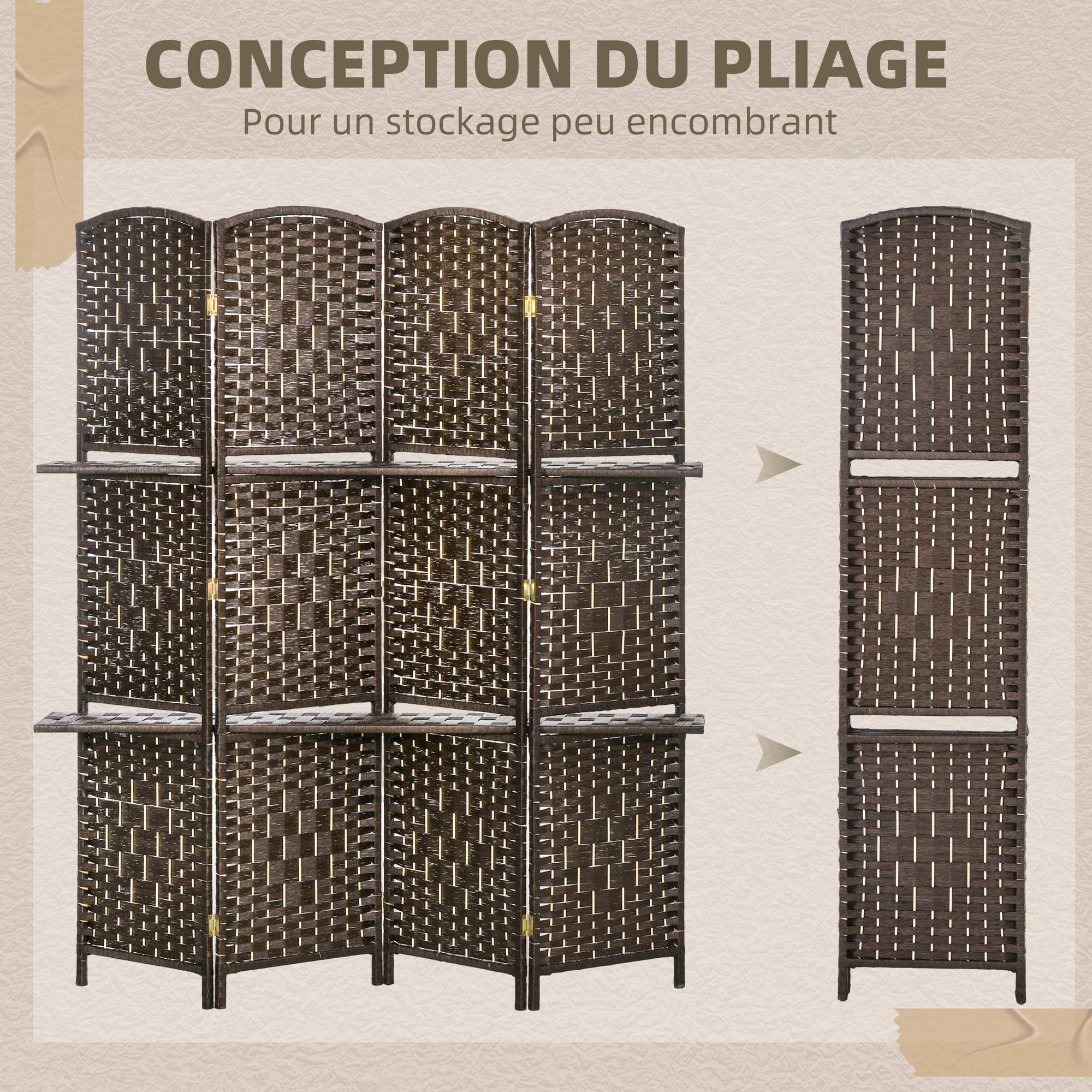 Διαχωριστικό Ρούχων 4 Πάνελ HOMCOM 160 x170 cm με 2 Ράφια, Αναδιπλούμενο, Ξύλο Πεύκου για Γραφείο, Σαλόνι, Υπνοδωμάτιο, Καφέ