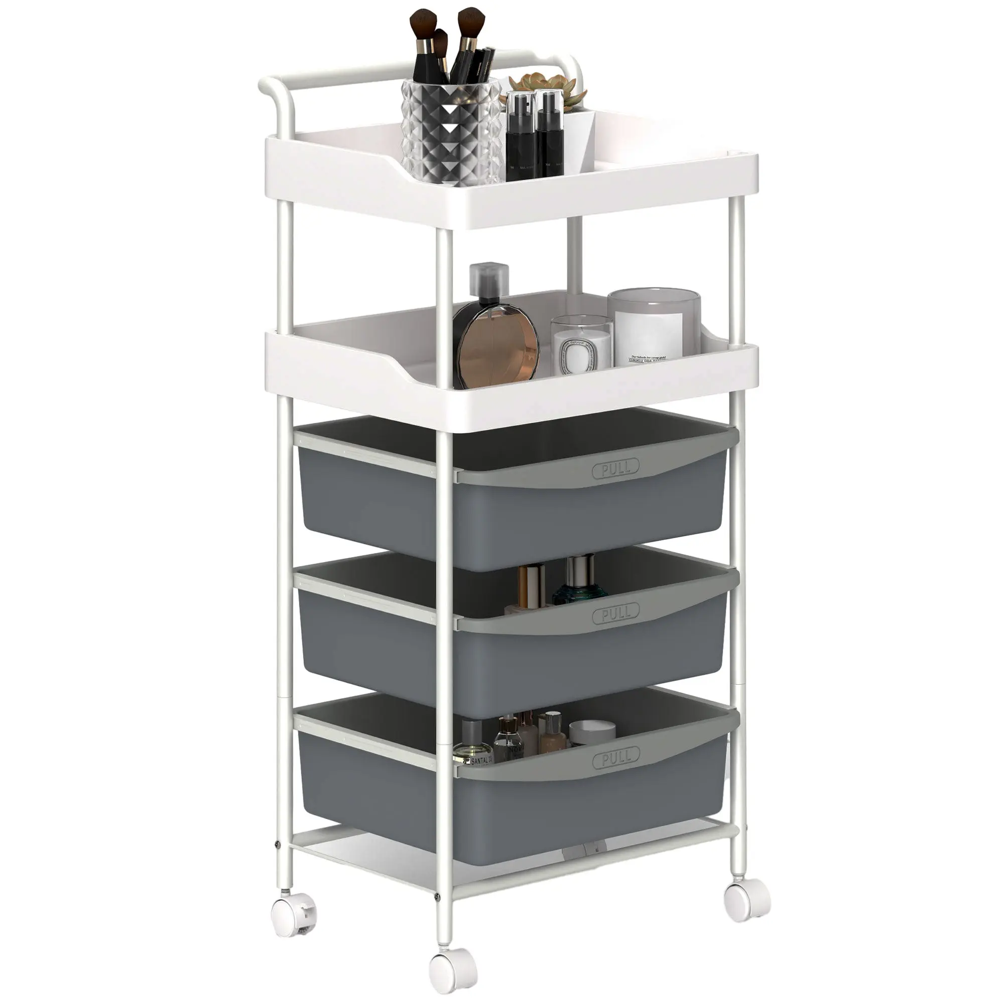 Space-saving Kitchen Trolley with 5 Levels and 2 Fixed Trays and 3 Sliding Trays, Storage Trolley with Steel and PP Wheels, for Living Room, Kitchen, Office, 40x34x85 cm, White