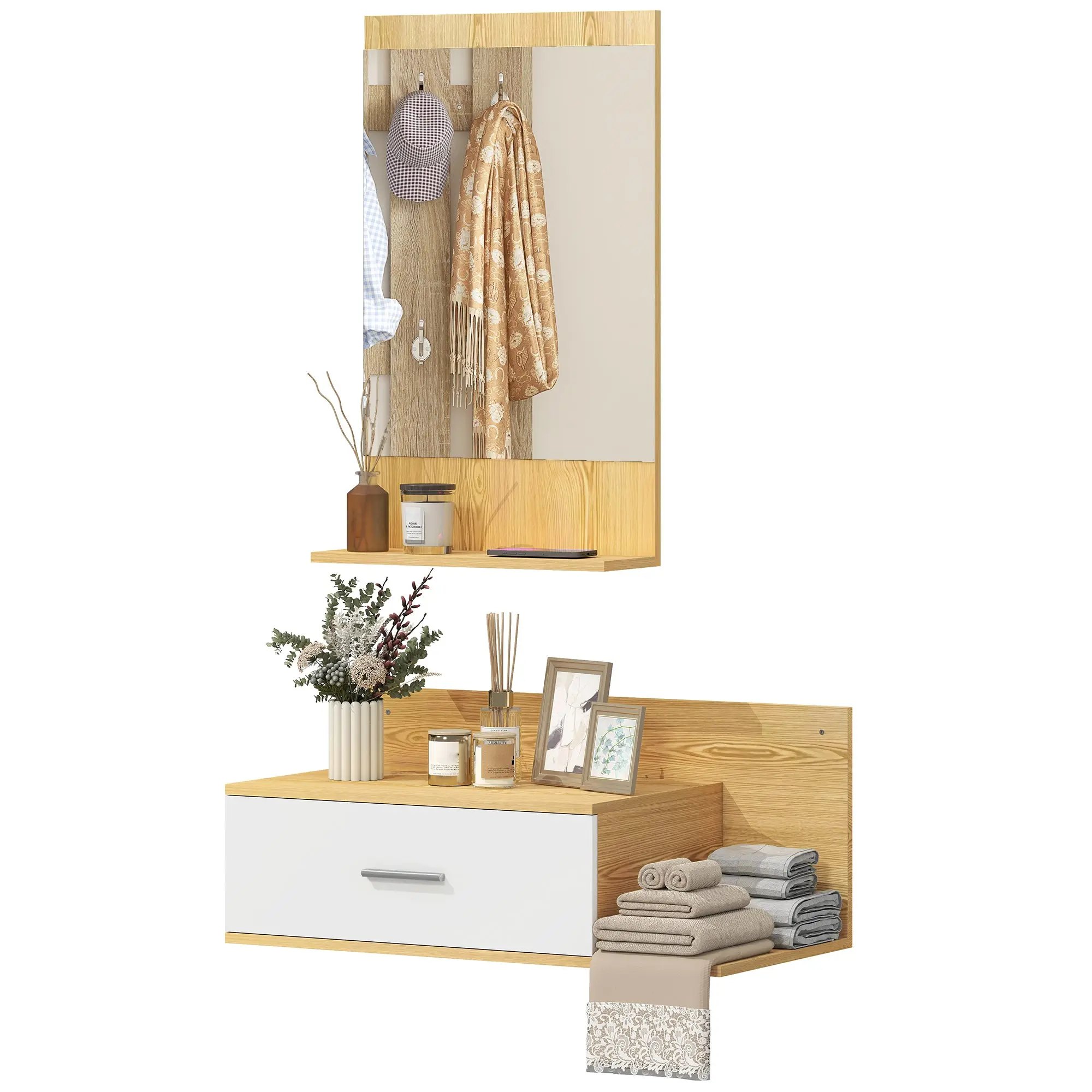 Wall-Mounted Bathroom Cabinet with Mirror, Drawer & 2 Open Shelves — Natural Wood Finish