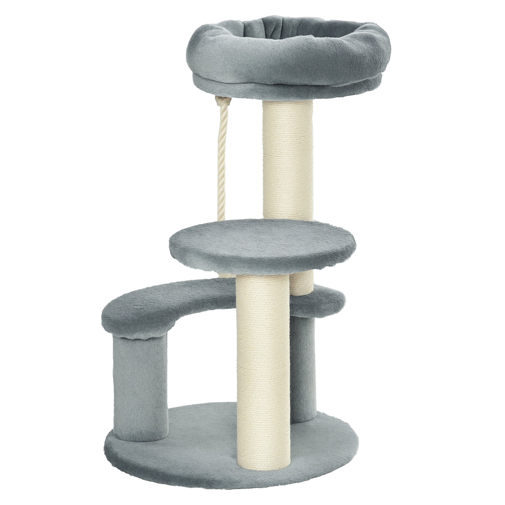 PawHut Macska Mászófa Hintaággyal, 3-Szintes Játékfa Macskaággyal és Kaparóoszloppal, Ülőfelülettel, Zsákos Oszlopok, Szürke Ø40 x H65 cm