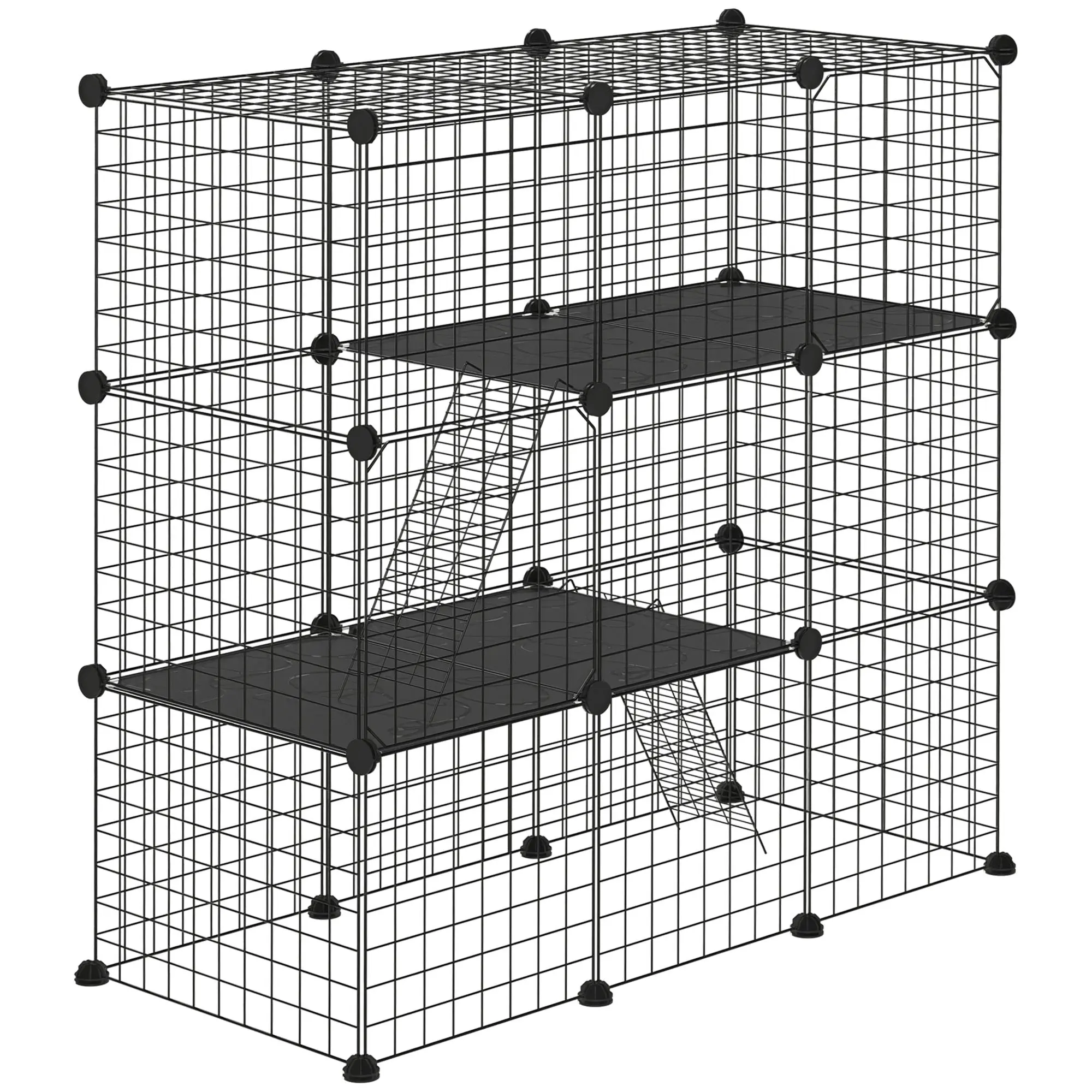 Small Animal Cage with 31 Panels DIY Pet Playpen with Ramp Enclosure for Kittens Rabbits Chinchillas 105x45x105 cm Black
