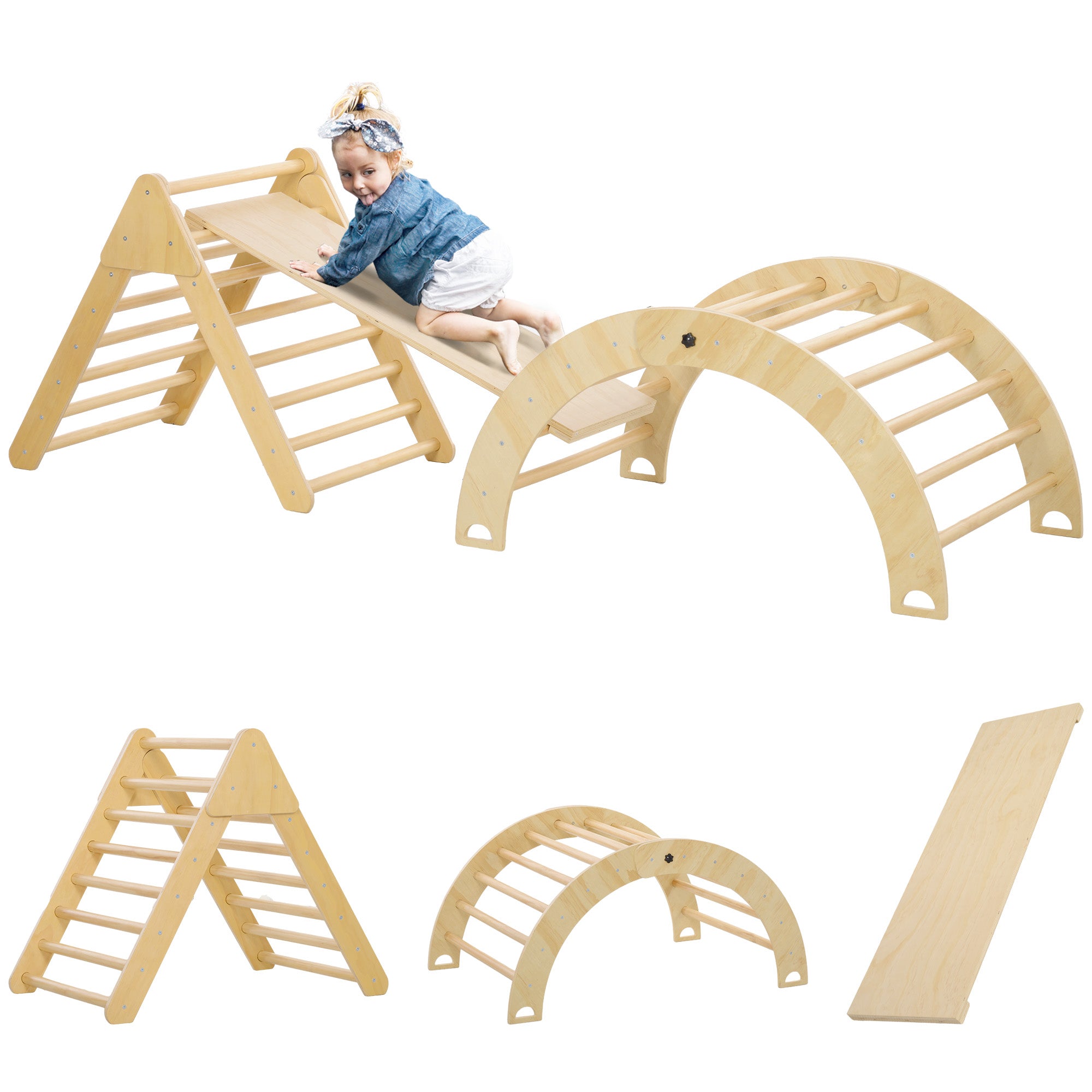 AIYAPLAY Houten Klimdriehoek voor Kinderen 18-48 Maanden met Klimboog en Glijbaan 219x72,5 cm Multikleur