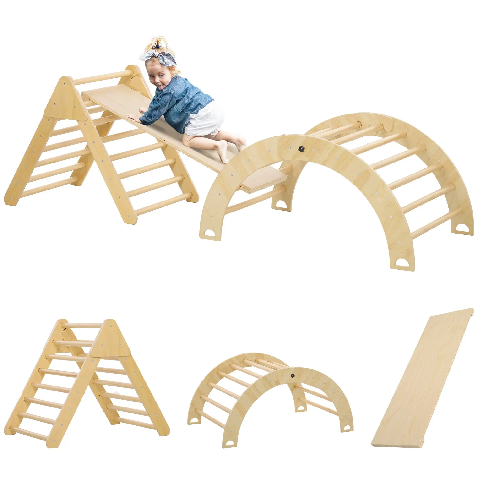 Wooden Climbing Triangle for Children 18-48 Months with Climbing Arch Ramp for Sliding or Climbing 219x72.5 cm Multicolor