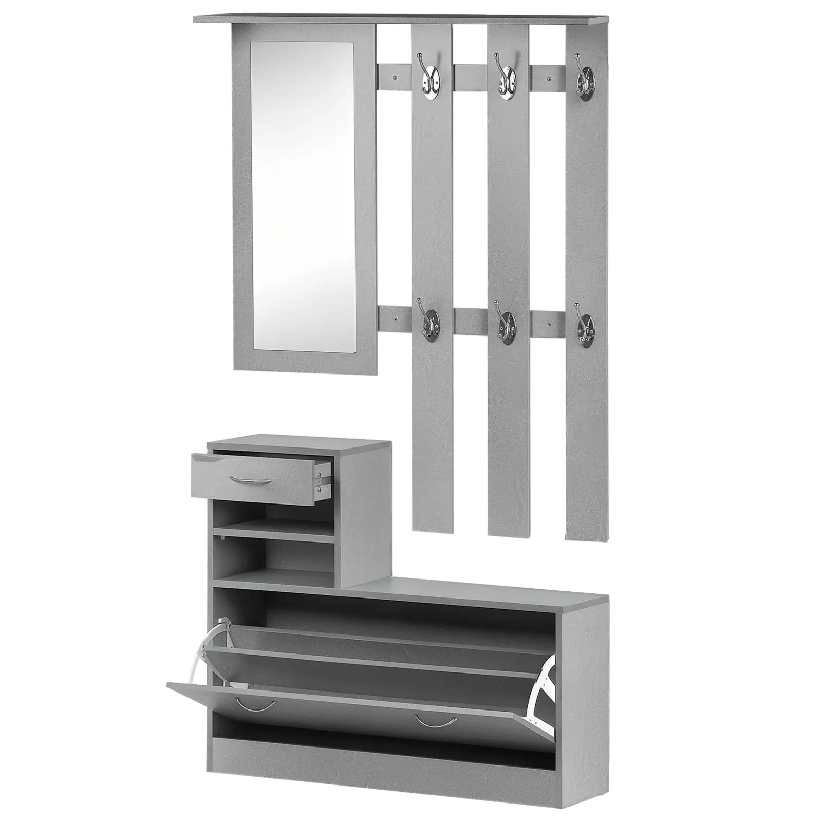 Entryway Hall Tree with Mirror Coat Rack and Shoe Bench 2-Piece Entryway Furniture with 6 Hooks Shelves and Flip-Down Drawer for Hallway Gray