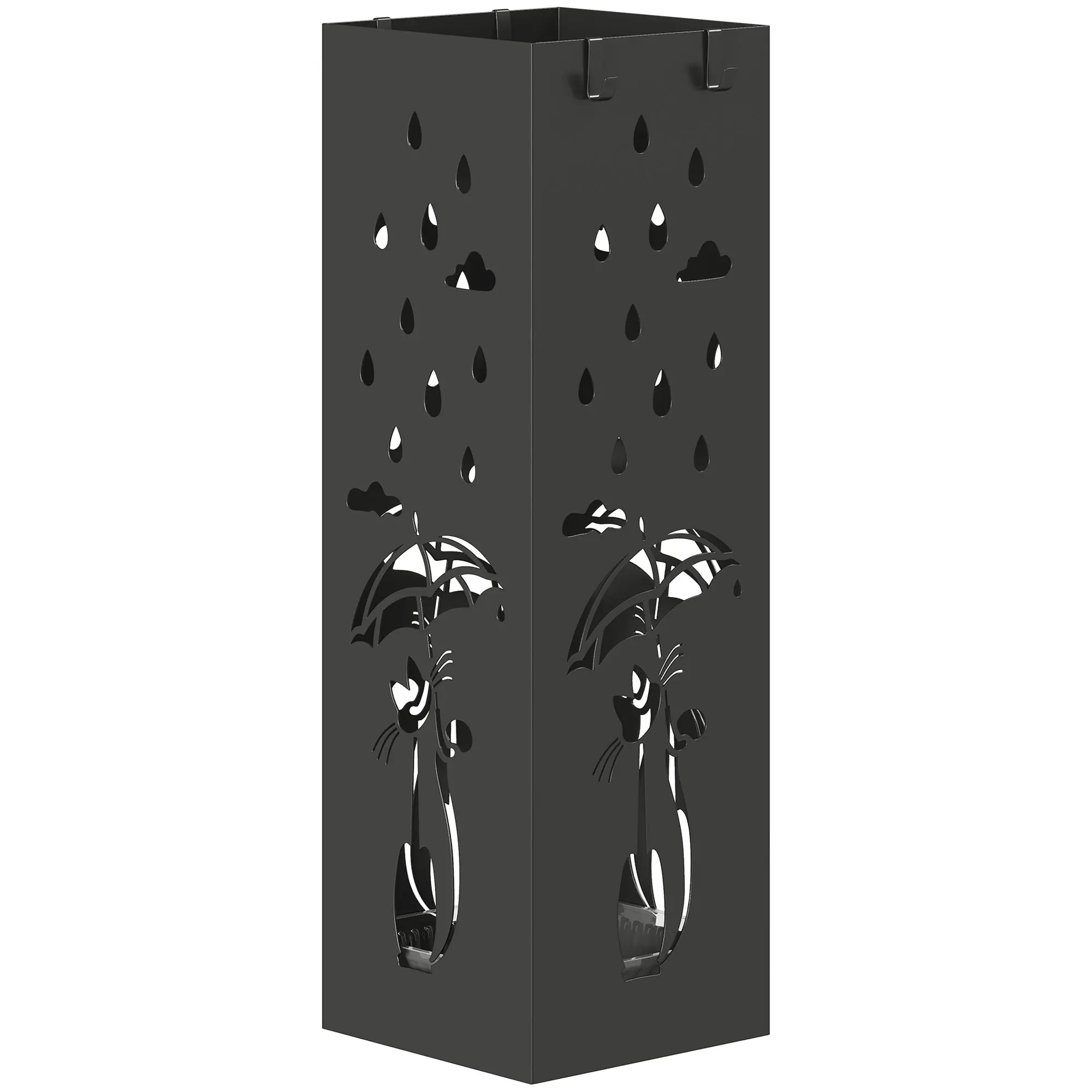 Cat-Design Metal Umbrella Stand — Removable Drip Tray & 4 Hooks, Free-Standing, Indoor/Outdoor, Black (6.1×6.1×19.3 in)