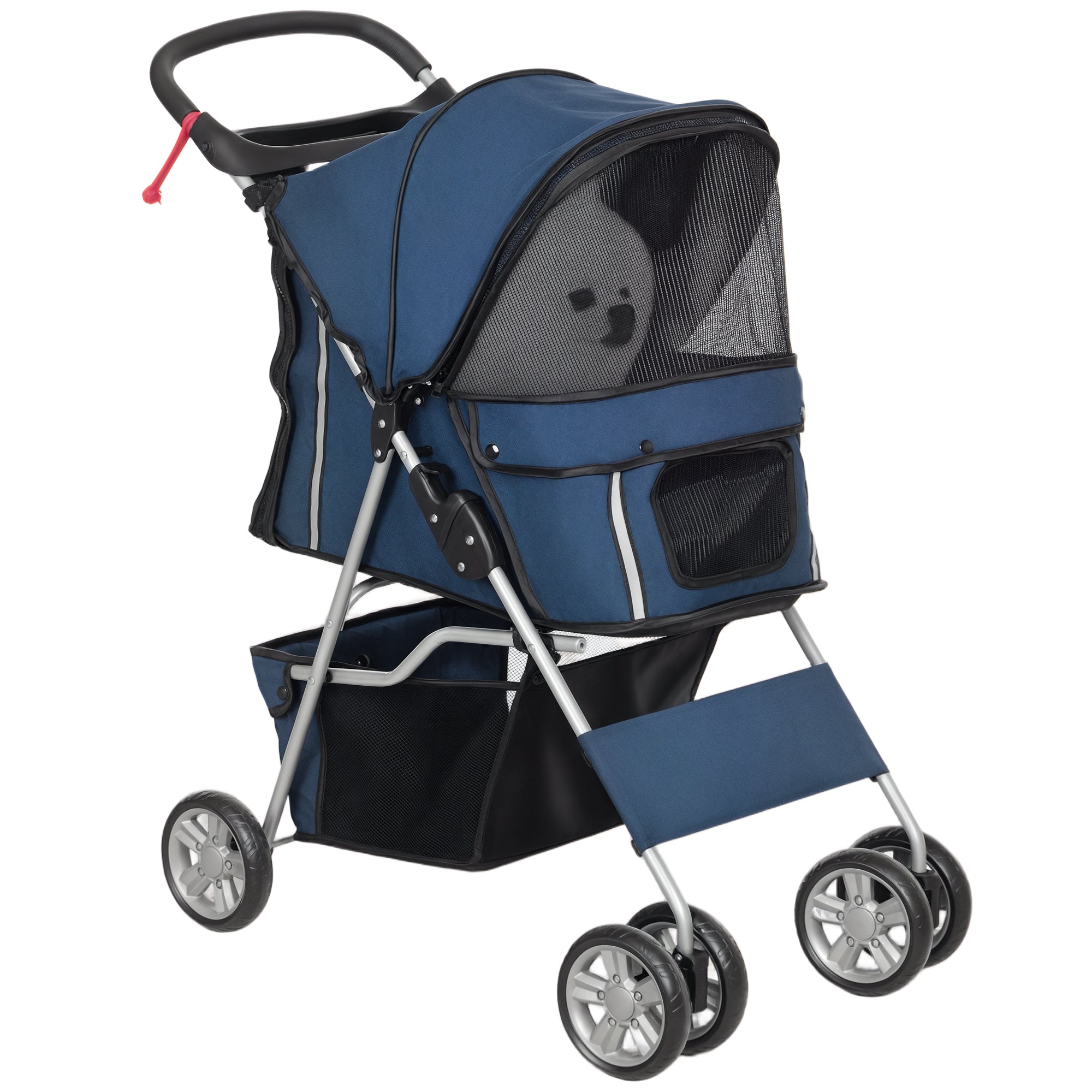Folding Pet Stroller Dog Stroller for Small Pets with Adjustable Canopy Bottom Basket Mesh Windows Cup Holders and Wheels Load 15 kg 75x45x97 cm Navy Blue
