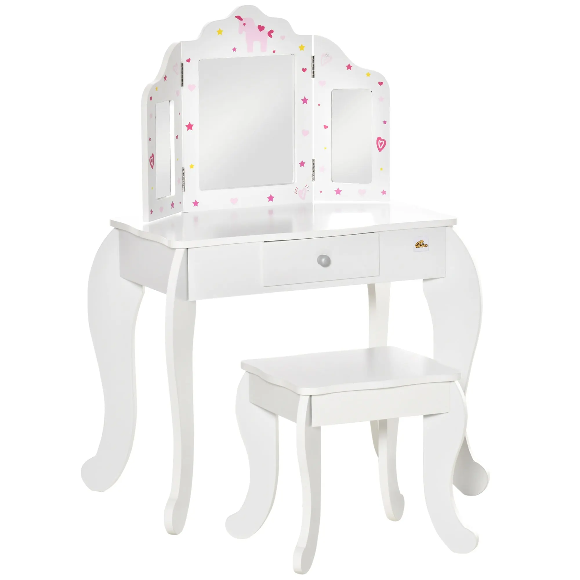 Children's Wooden Dressing Table with Stool and 3-Sided Acrylic Mirror Makeup Table for Girls with Drawer for Kids' Room 63x40x85.5 cm Pink