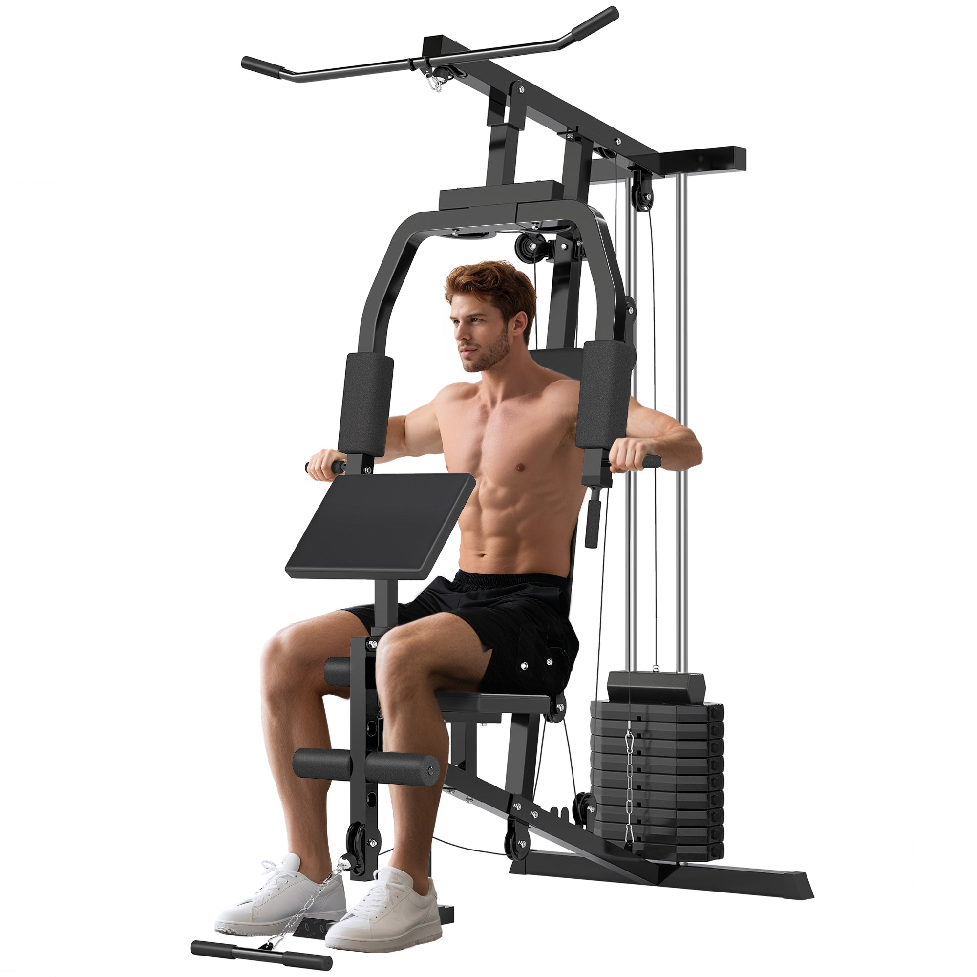 HOMCOM Multifunktionale Kraftstation für Zuhause mit Lat Pulldown, Kabelzug, kurzer Bizepsstange, Brustpresse, Beintrainer, Butterfly-Maschine, 45kg Gewichten