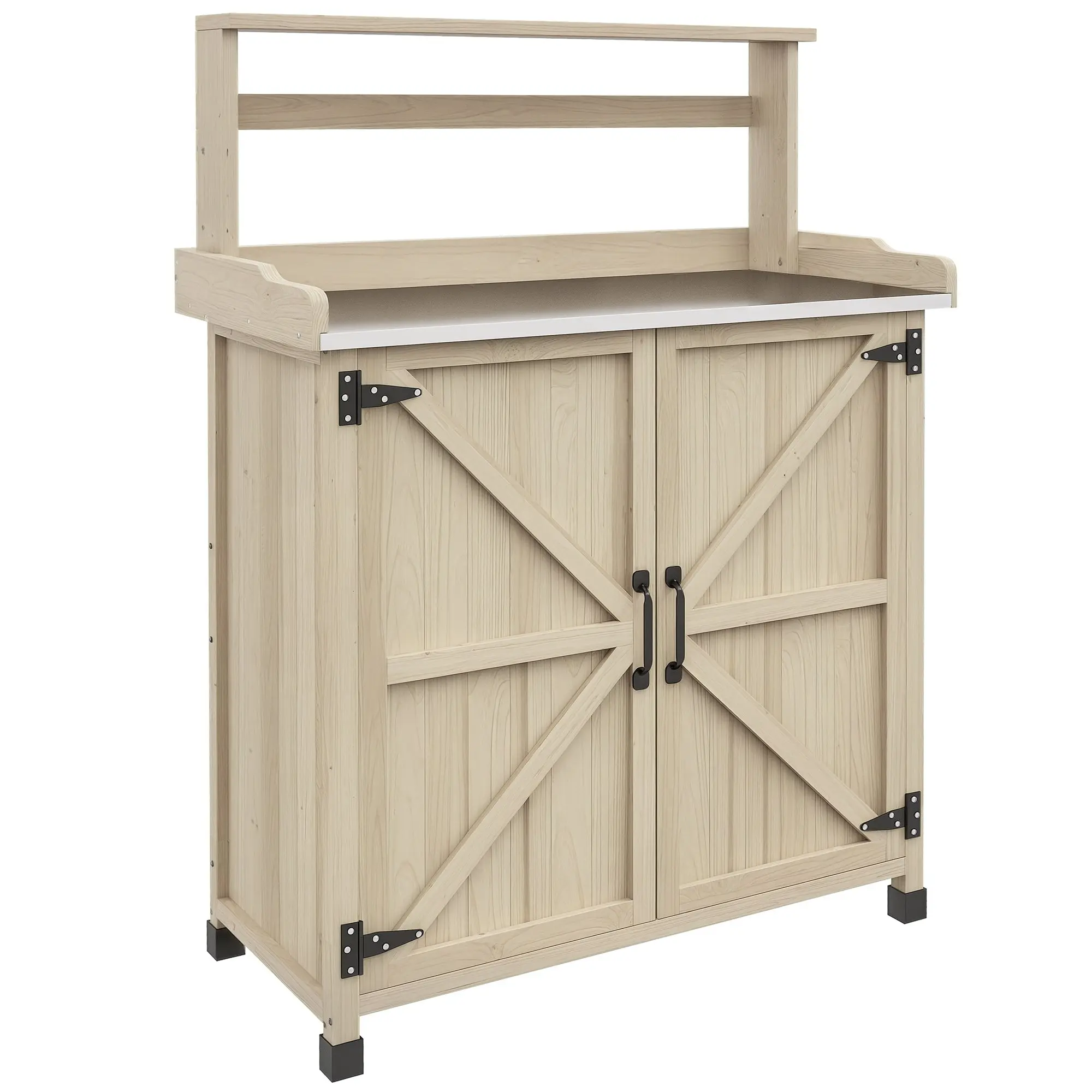 Rustic Potting Bench with Cabinet, Shelves & Galvanized Worktop — Pre-oiled Pine, Natural Wood Finish, 35.6 x 16.1 x 49.0 in