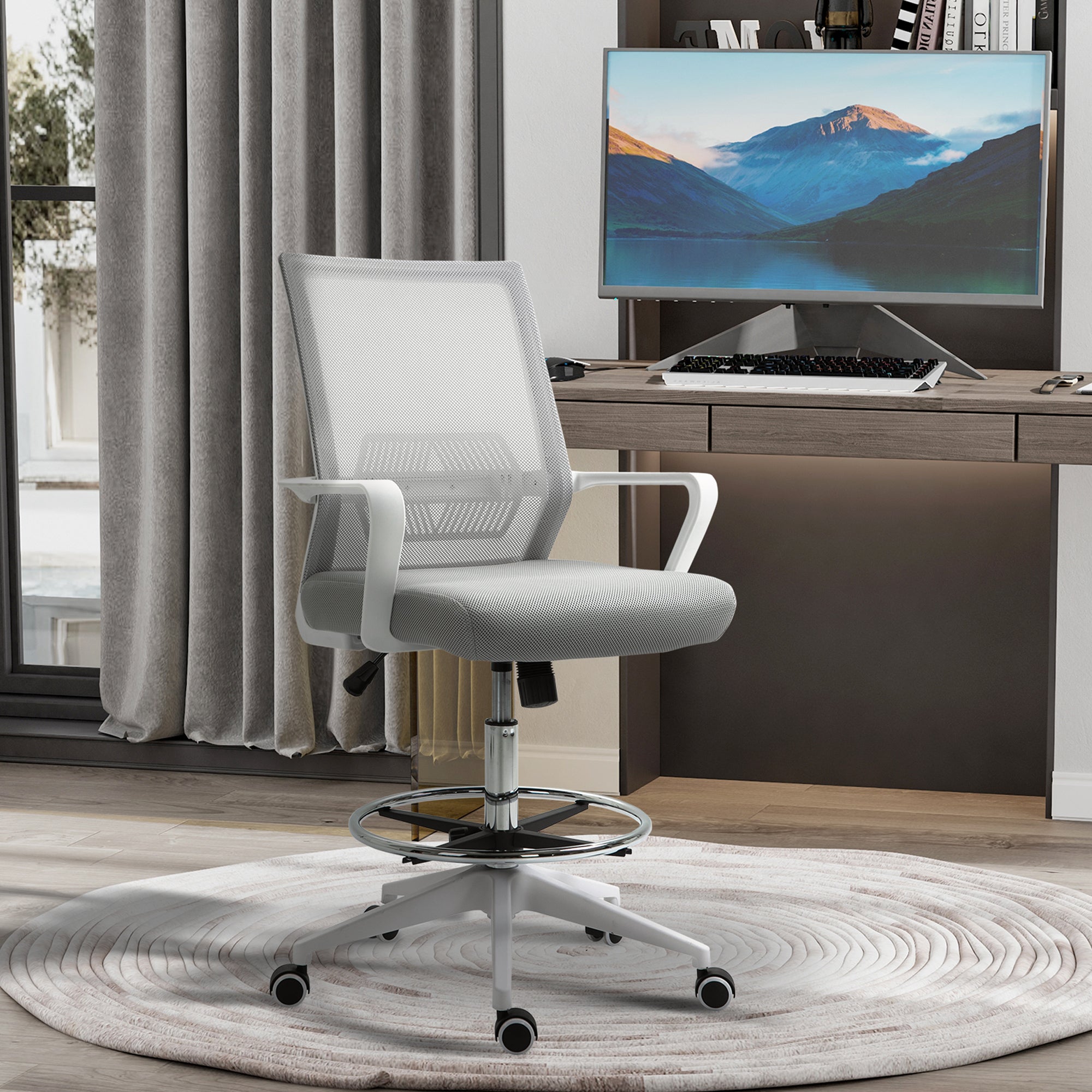 High-seat office chair adjustable high seat office chair dim. 64L x 59W x 104-124H cm swivel office stool 360° breathable mesh gray and white