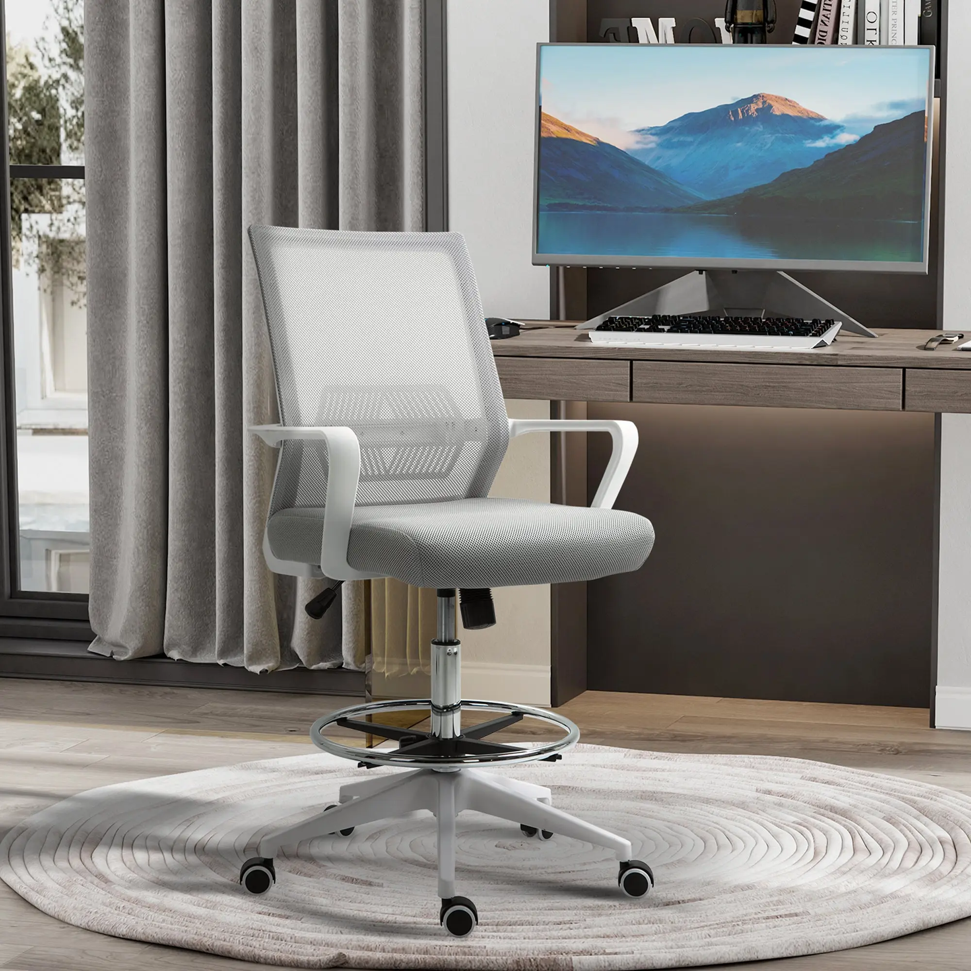 High-seat office chair adjustable high seat office chair dim. 64L x 59W x 104-124H cm swivel office stool 360° breathable mesh gray and white
