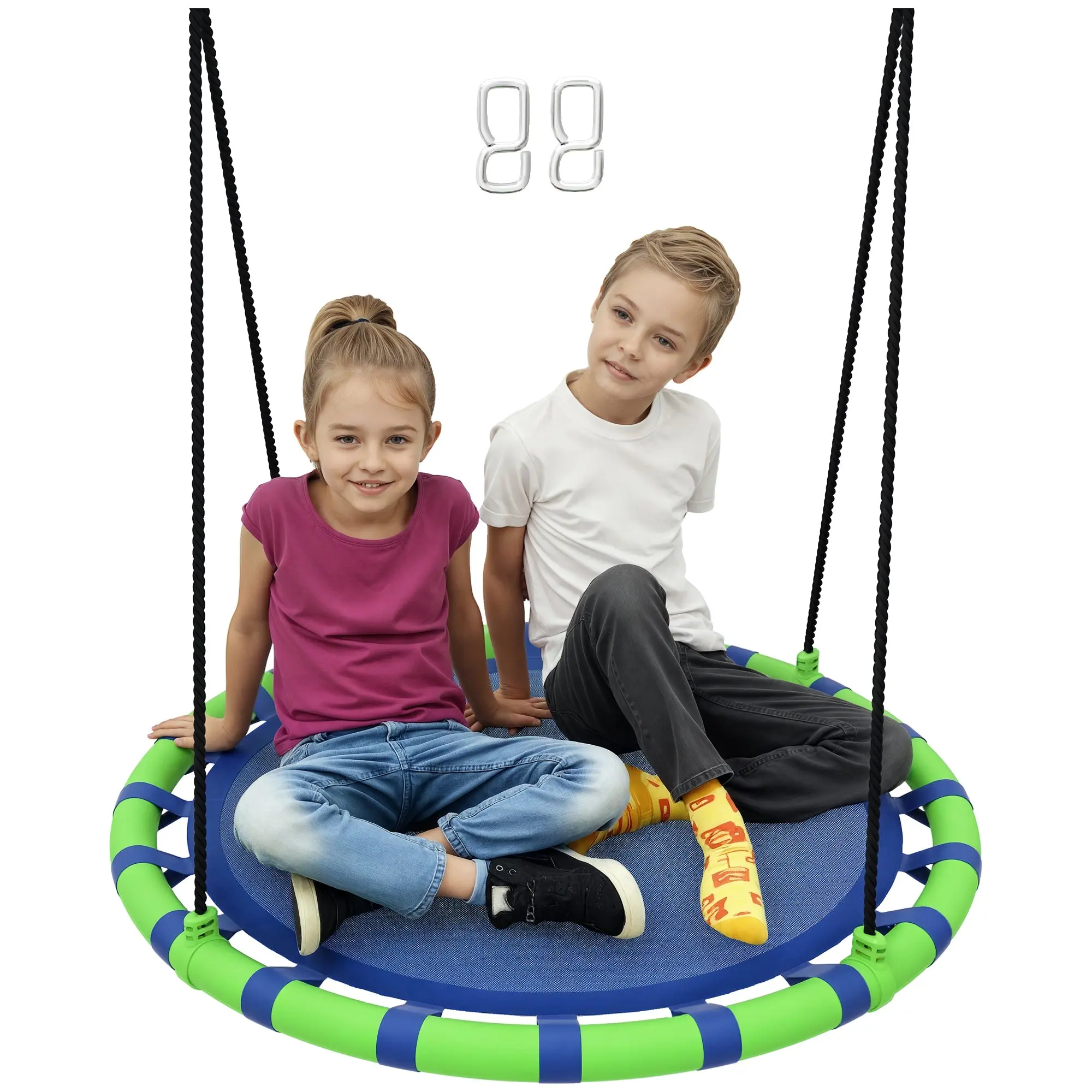 Round Children's Swing Outdoor Garden Adjustable Kids Swing Waterproof Load 150 kg ?100x180 cm Blue and Green