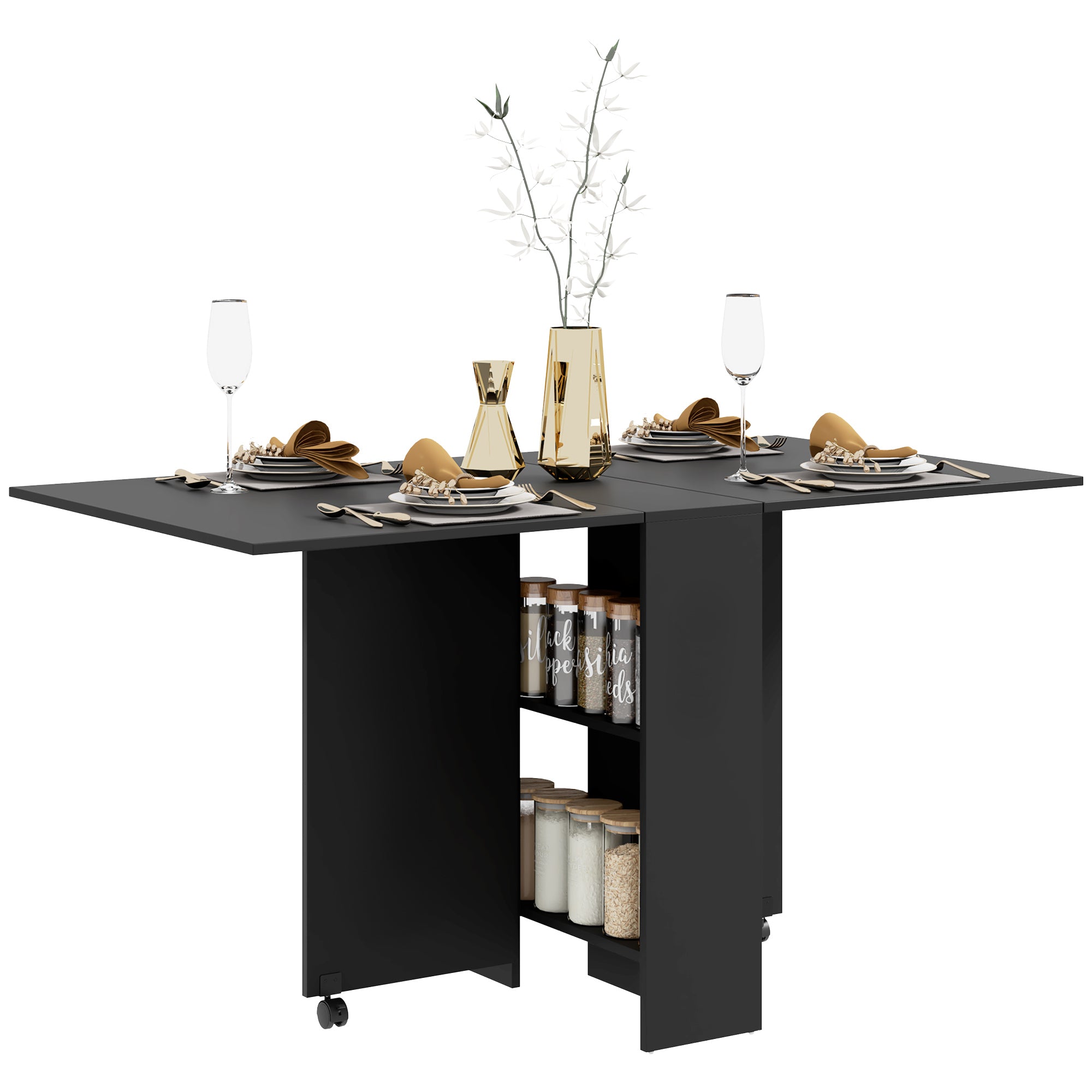 HOMCOM Uitschuifbare Eettafel Keukentafel met Wielen, Vouwvleugels en Planken voor 4-6 Personen 75x140x74 cm Zwart
