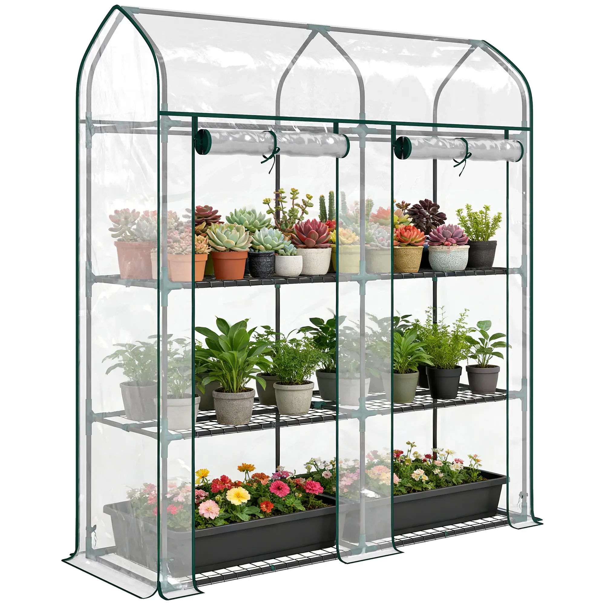 3-Tier Compact Greenhouse — 2 Zip Roll-Up Doors, Powder-Coated Steel Frame & UV-Resistant Clear Cover, 56.3 x 18.1 x 65.0 in