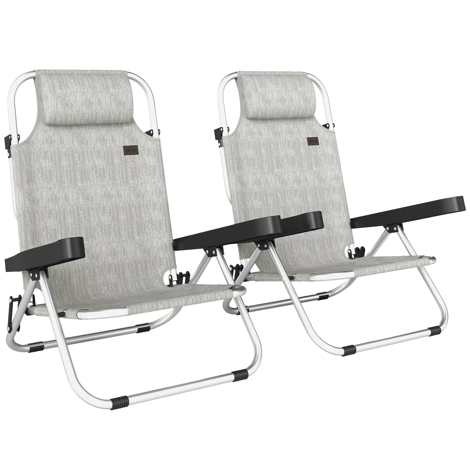 Set of 2 Folding 4-Position Reclining Garden Lounge Chairs, Texteline Outdoor Recliners with Aluminum Frame & Padded Headrest, Lightweight for Garden, Pool, Beach — Gray