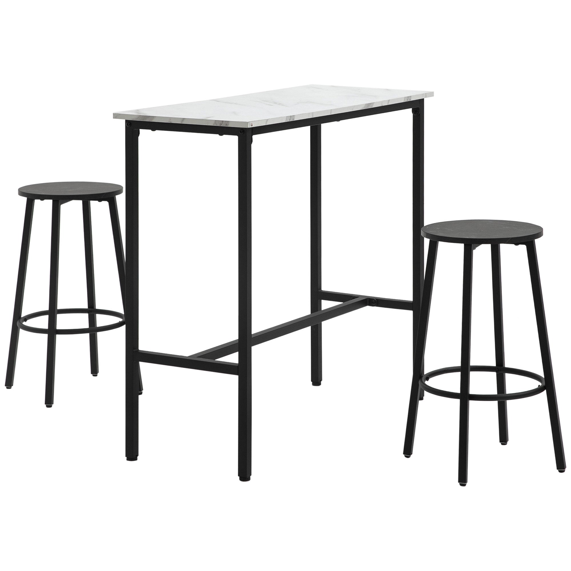 HOMCOM Barbord med Barstolsæt, 3-delt Barbordssæt, Spisebord med 2 Barstole, Spisegruppe, Barbord, Køkkenbord til Spisestue, Stål, Hvid, Sort