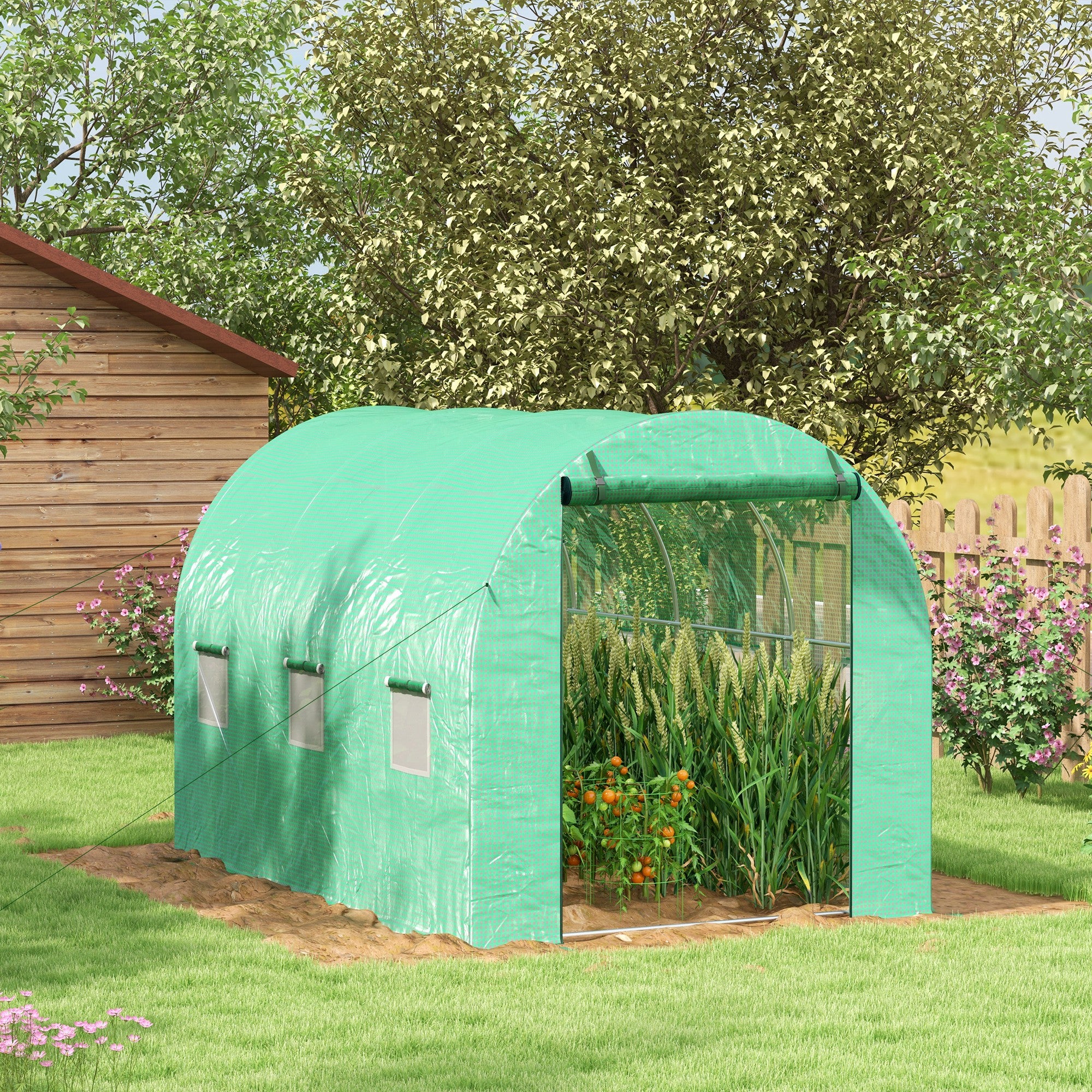 6m? Garden Tunnel Greenhouse Tomato Greenhouse with Integrated Watering System 3L x 2W x 2H m Reinforced Steel + High-Density PE 140 g/m? 6 Windows Roll-Up Door Green