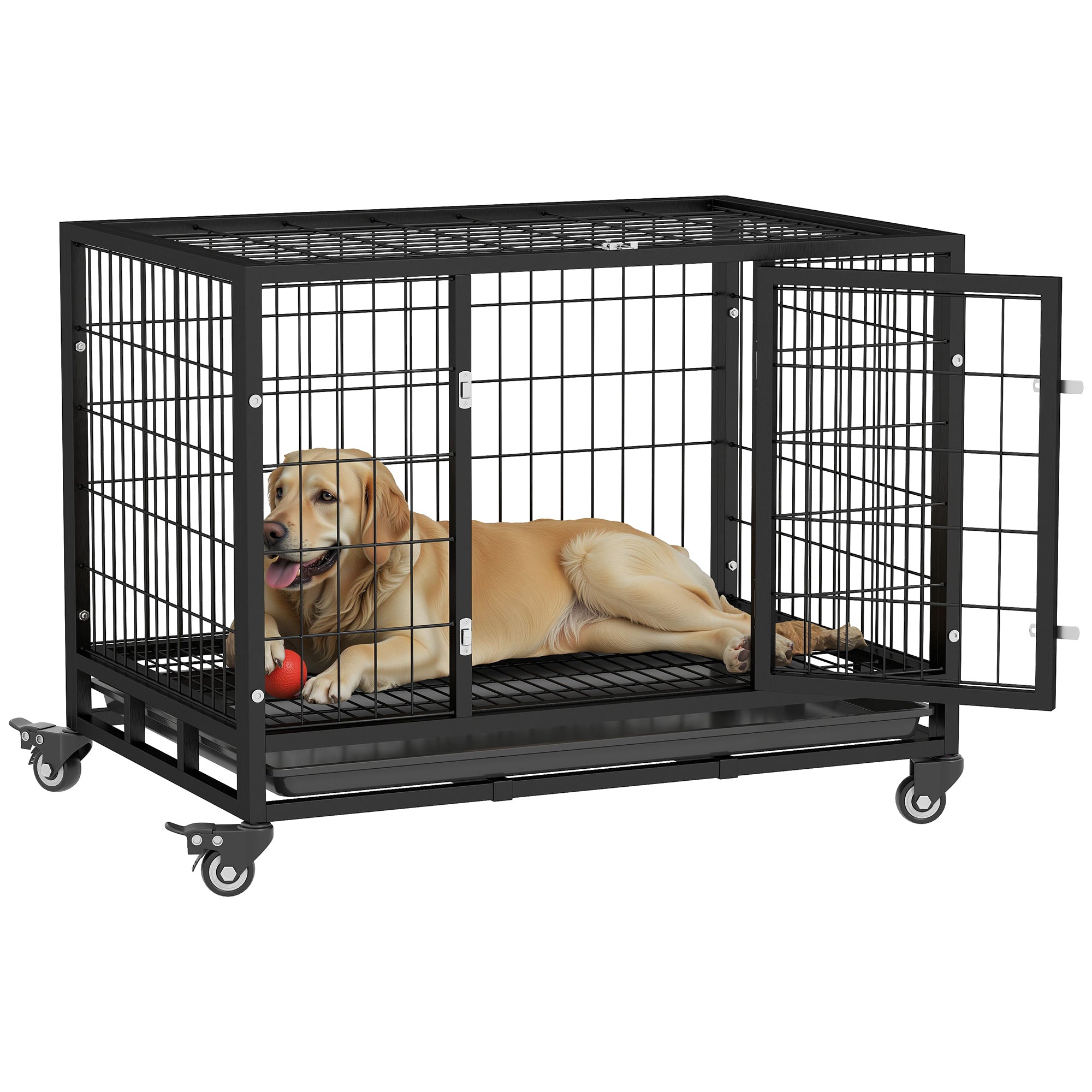 PawHut Metallschaf fir Hënn mat Rieder a Bremsen, Abnehmbar Tray an Dier mat Schalters fir Golden Retriever Labrador 92x62x75 cm Schwaarz
