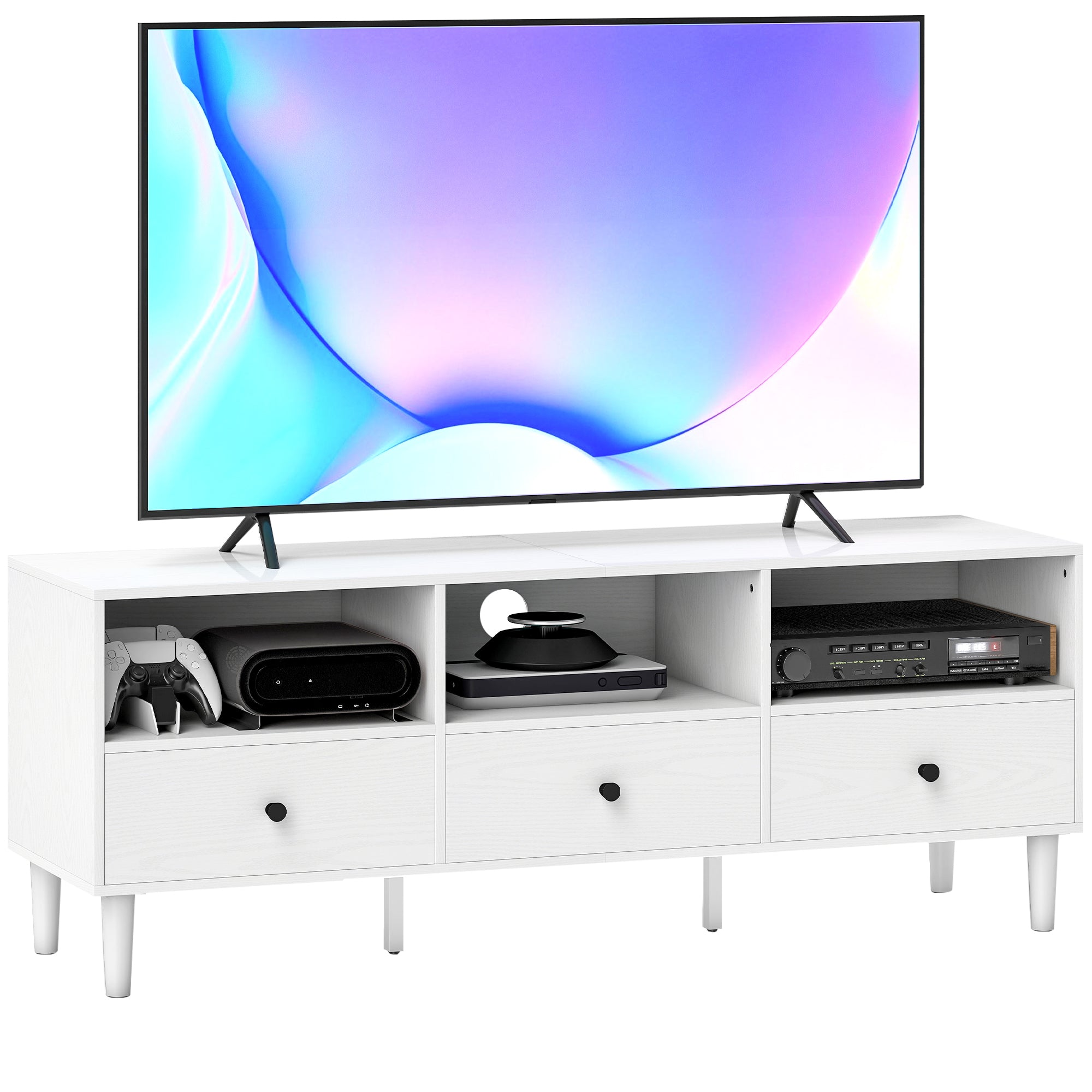 HOMCOM Modern TV Stand - TV Stand fir d'Wunnzëmmer mat 3 Offene Compartementer, 3 Schafen an engem Kabelloch fir 45/55/65 Zoll Fernseher - 120x34x45 cm Wäiss